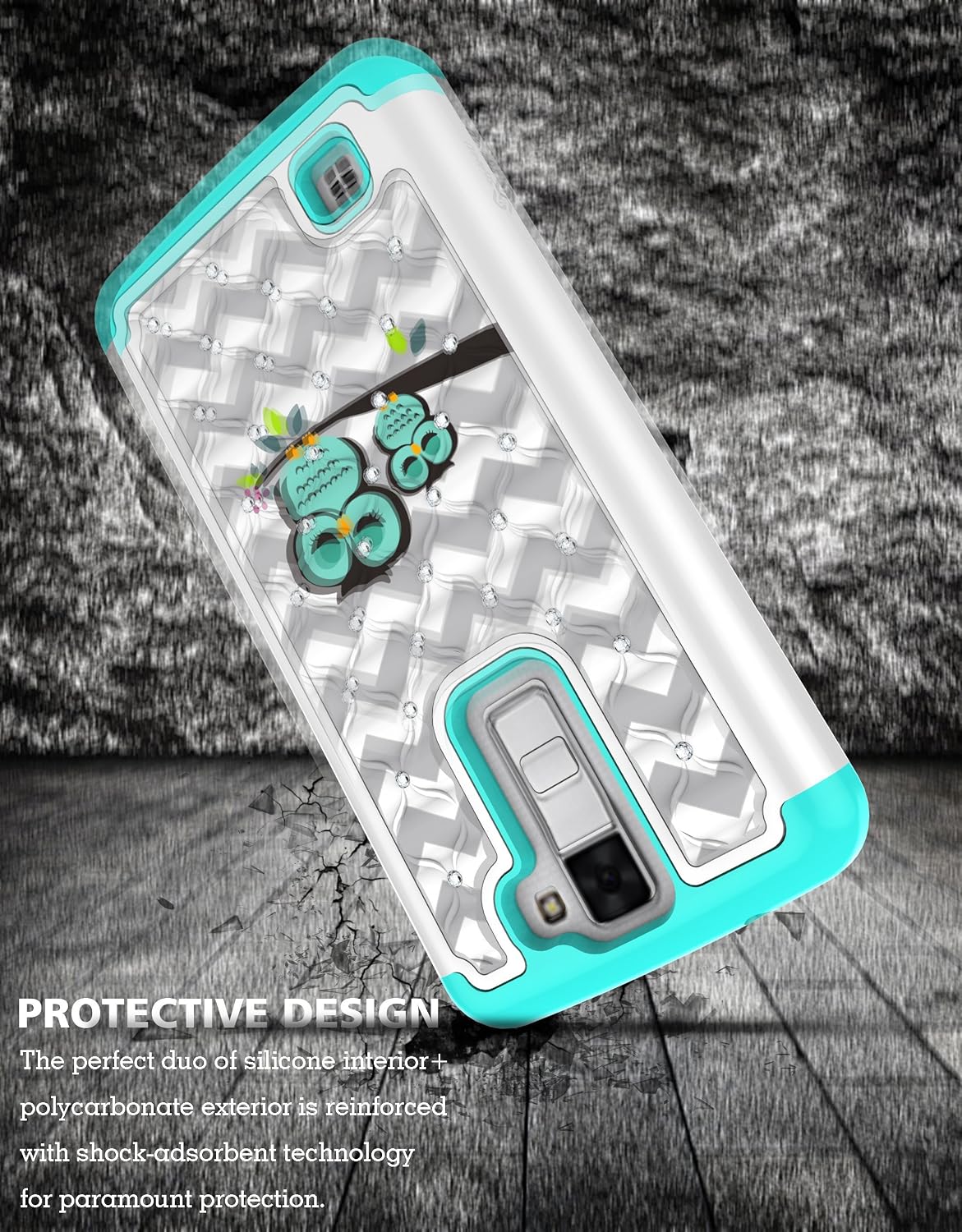 Style4U LG K8 Case, LG Escape 3 Case, LG Phoenix 2 Case, Cute Owl Studded Rhinestone Crystal Bling Hybrid Armor Case Cover for LG K8 / LG Escape 3 / LG Phoenix 2 with 1 Stylus [White/Teal]