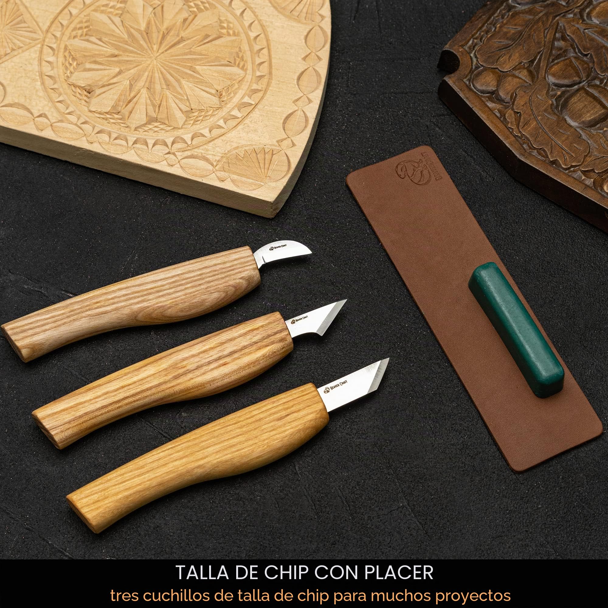 BeaverCraft Kit Cuchillos Tallado Madera S55 – Set Whittling para Principiantes con Cuchillos Detalle Chip y Correa de Cuero, Herramientas Whittling, Pasatiempos para Hombres