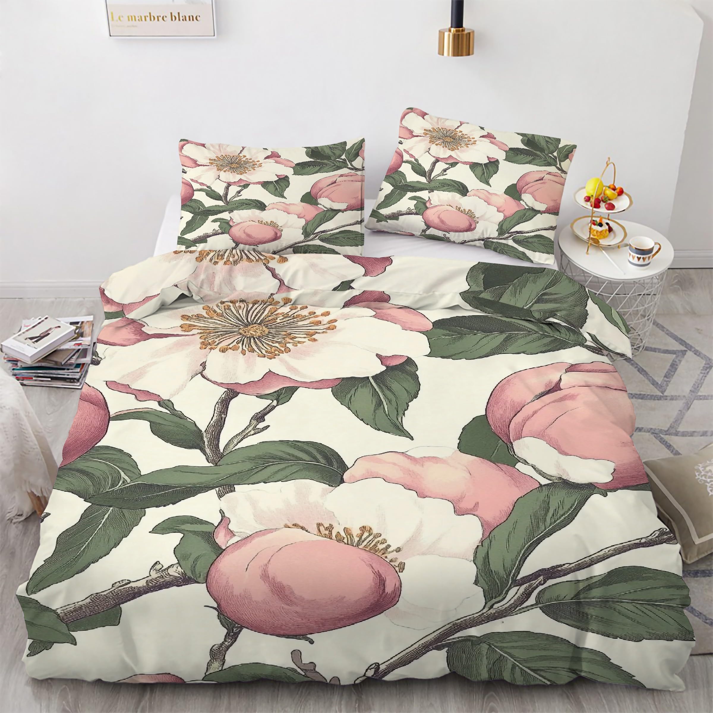 Housse de couette 220x240 douce parure de lit zippée motif fleur de pêche