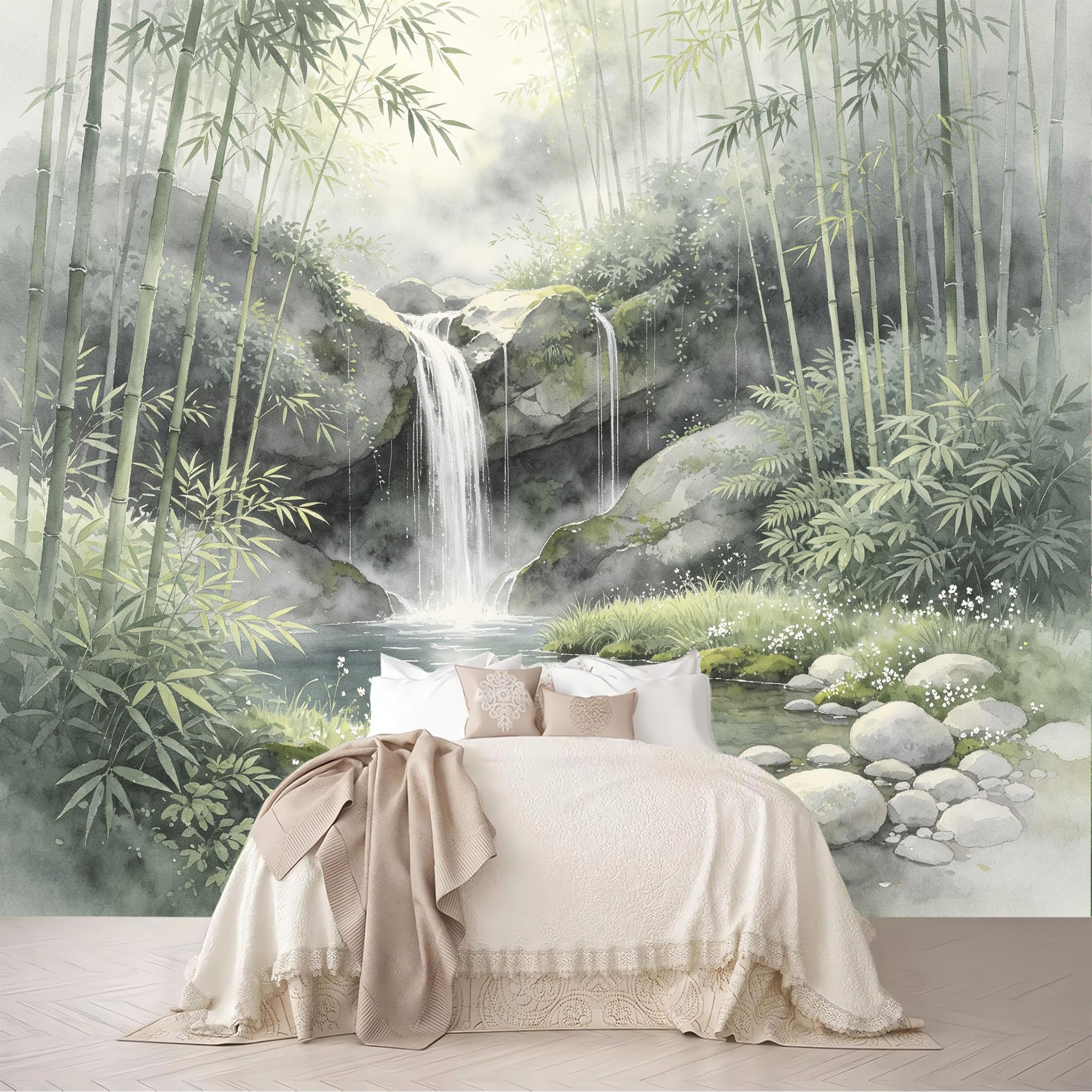 Custom Size Wall Mural Misty Bamboo Forest Waterfall Oriental Watercolor Scenery Removable Self Adhesive Peel and Stick Wallpaper for Bedroom Living Room