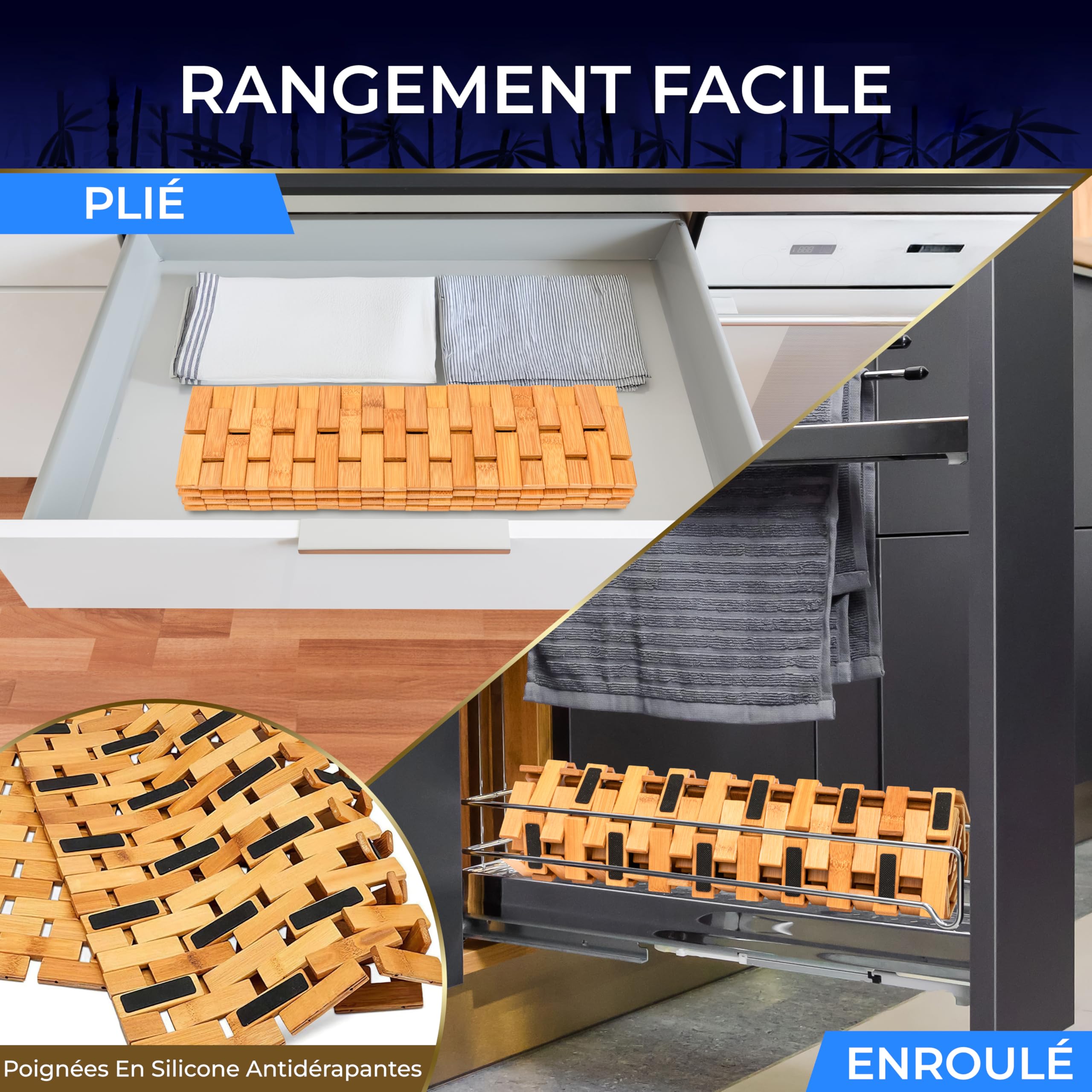 SereneLife Tapis de Bain et de Douche en Bambou Naturel – Tapis de Sol Antidérapant à Lattes avec Finition Naturelle, Surface à Grips Renforcés, Enroulable et Facile à Nettoyer