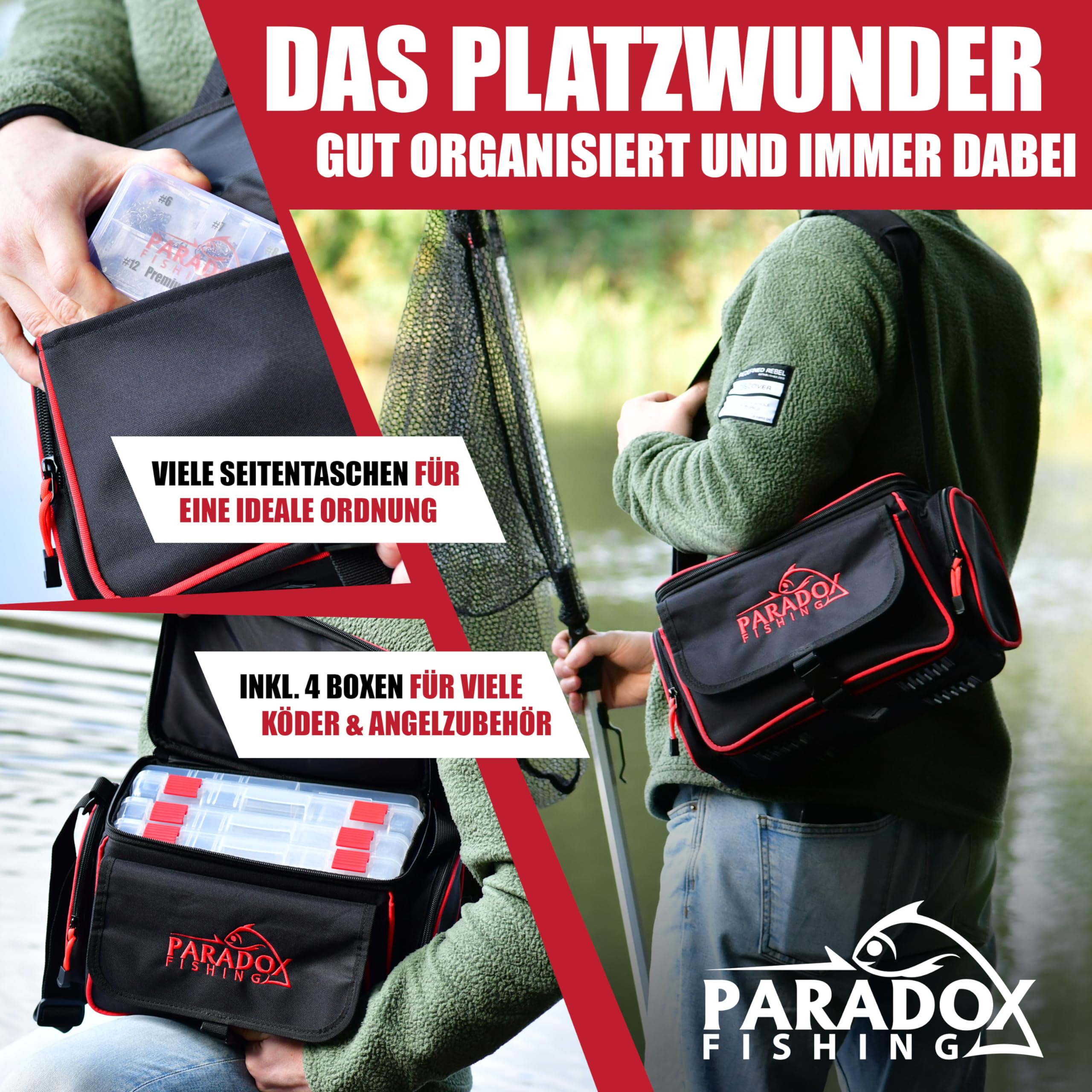 Paradox Fishing Angeltasche mit Boxen I inkl. 4 Boxen I Angelrucksack Angelkoffer - viel Platz für Köder und Angelzubehör