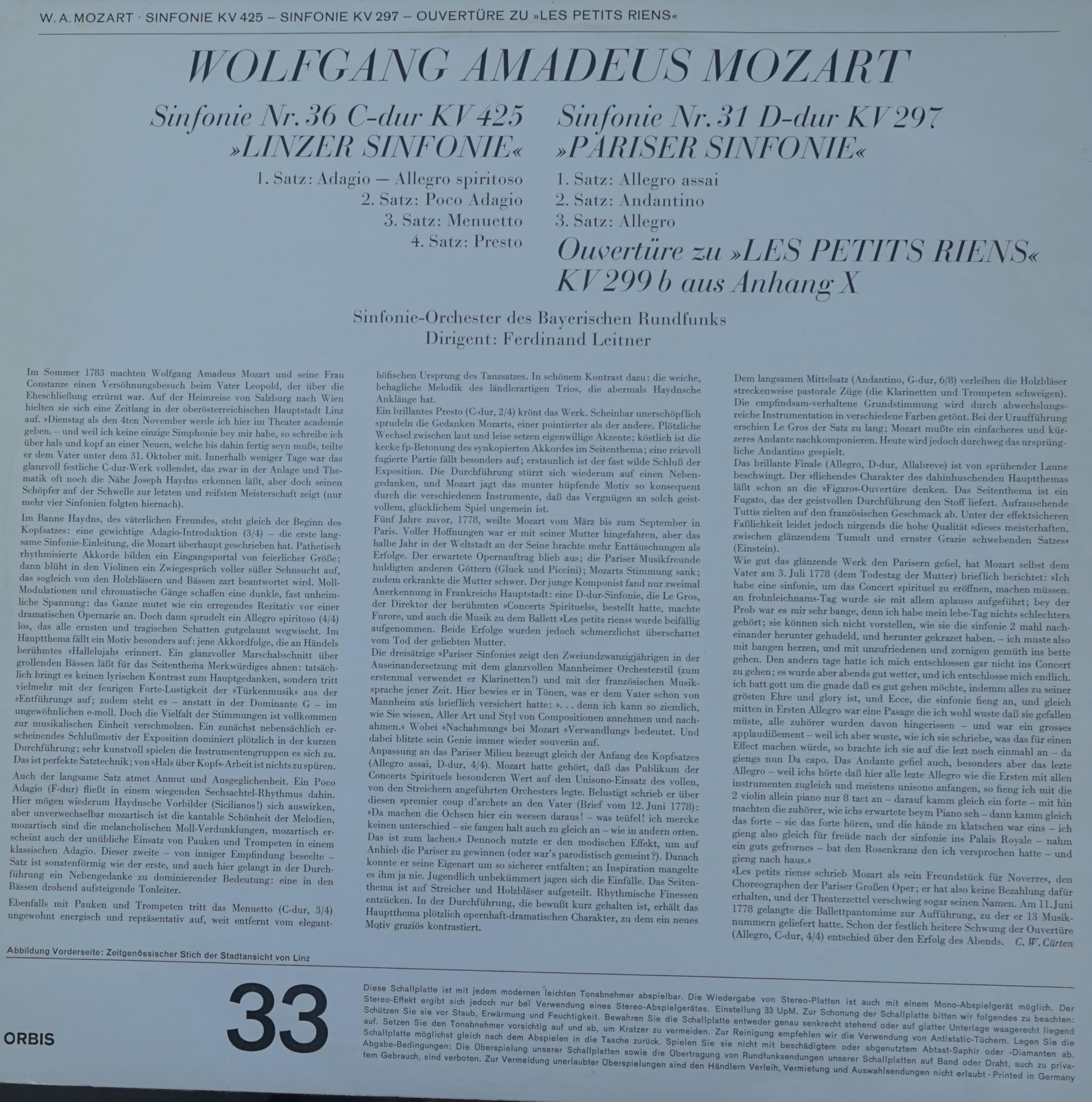 Mozart Symphonie Sinfonie Nr. 36 Linzer, Nr. 31 Pariser. LP