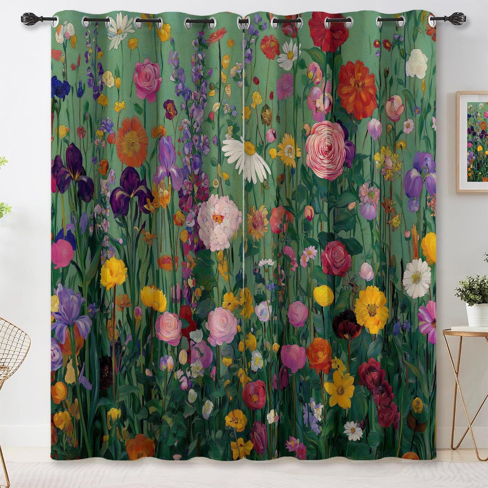 Rideau occultant thermique motif fleurs plantes vertes pour fenêtre de chambre 140x260