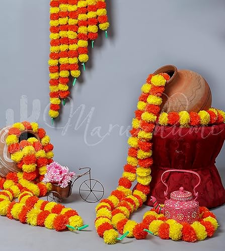 Vista 39 de Tira de flores artificiales Marubhumi, 5 unidades de 4,5 pies de largo, flores de caléndulas, guirnalda para decoración Diwali, decoración Amarillo