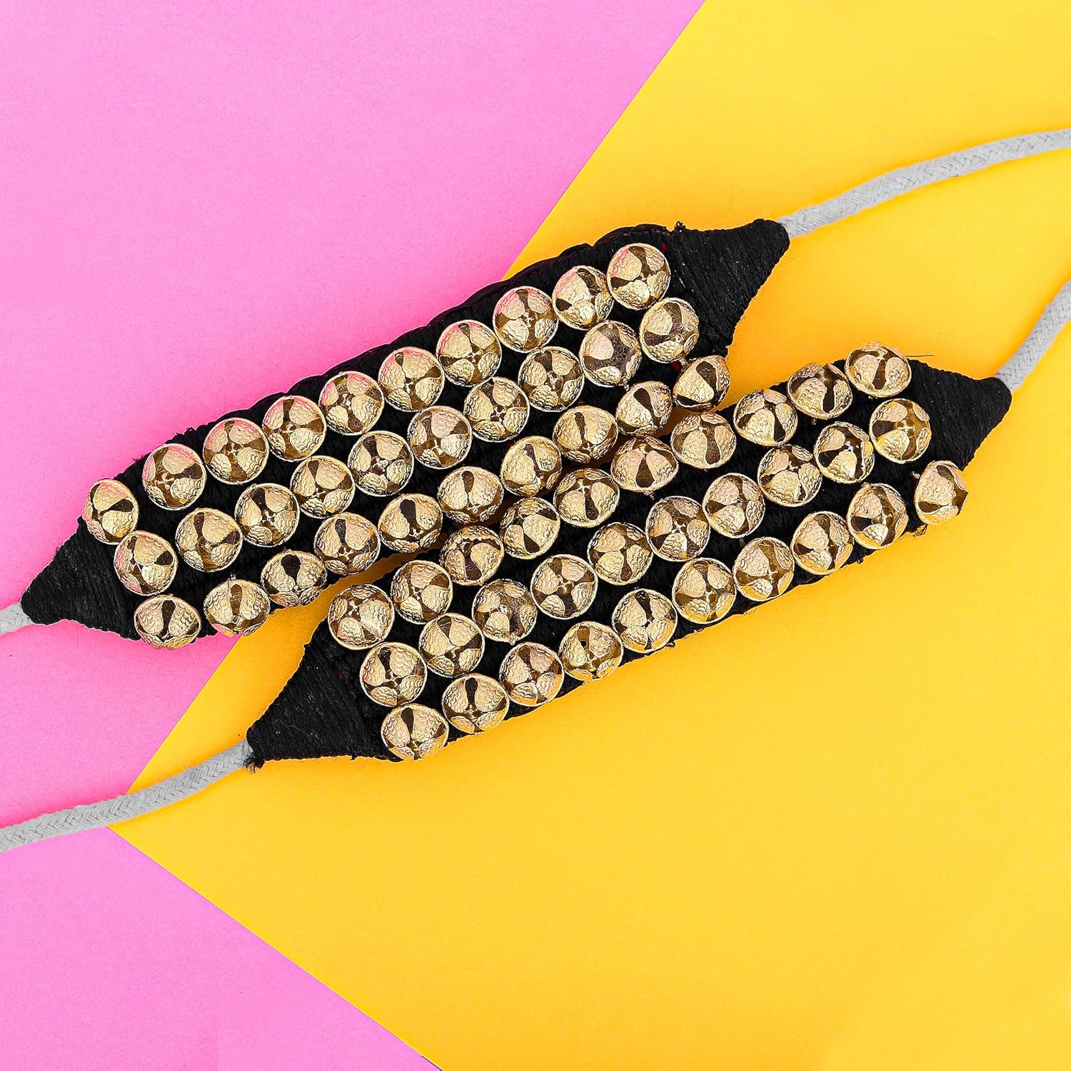 Dancing Bells Ghungroo Pair Indian Classical Dance Accessories with Colored Cushion Pad Best Dance Metal Brass Anklets Bells Ghunghroo Pad (Black, Triple Line)