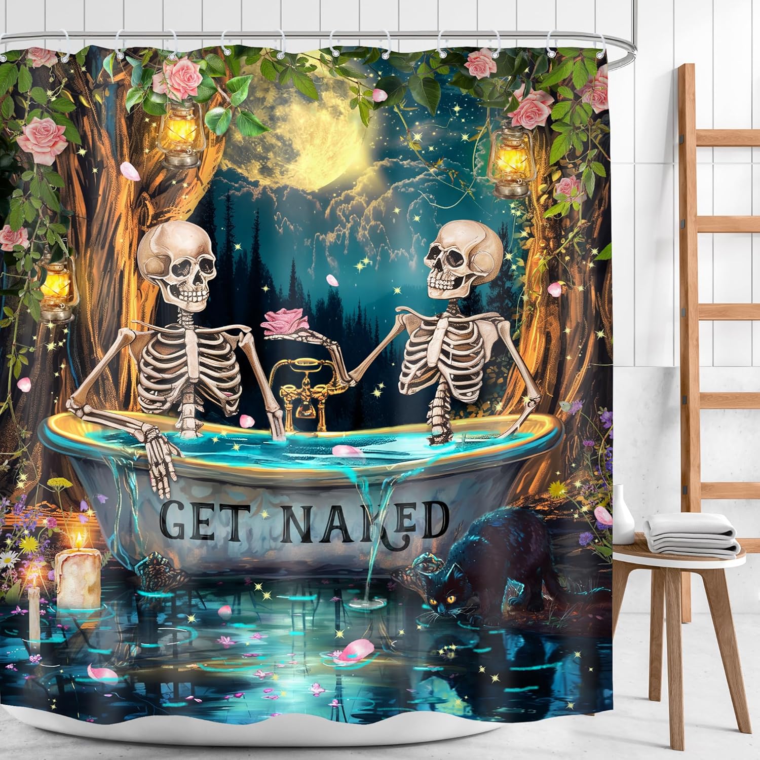 Gothic Skull Skeleton Shower Curtain 72Wx72H Funny Spooky Witchy Halloween Moon Night Retro Floral Tree Bathroom Decor Mystical Bone in Bathtub Bath Curtain Fabric Polyester 12 Pack Hooks