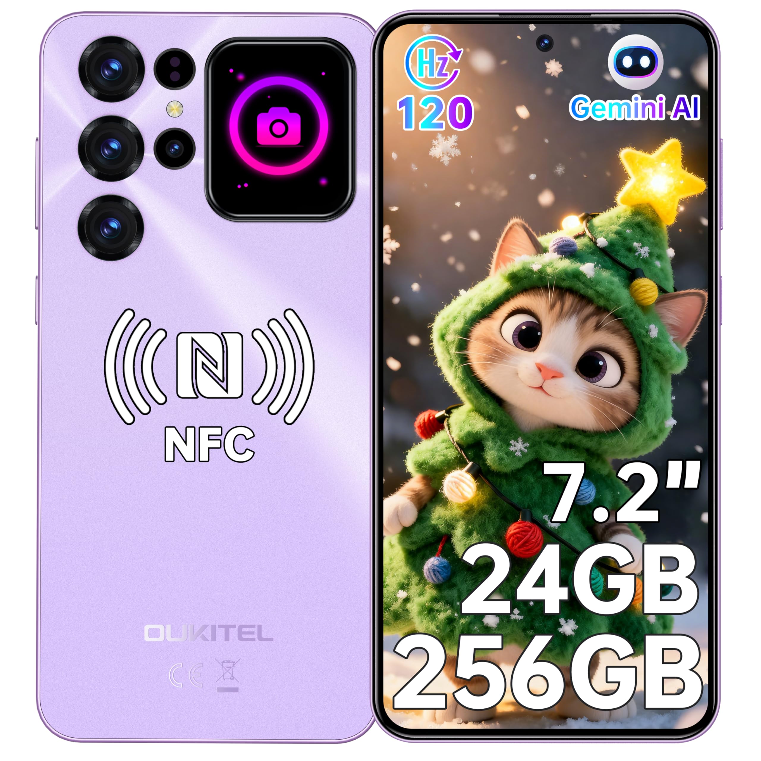 OUKITEL C68 PLUS Smartphone Android - 7.2"HD+ Schermo Grande 120Hz & 1.81" Schermo Posteriore, 24GB RAM+256GB ROM/1TB Telefono Cellulare, 64MP+8MP,6000mAh Cellulari,Dual SIM 4G/Face ID/Fingerprint/NFC