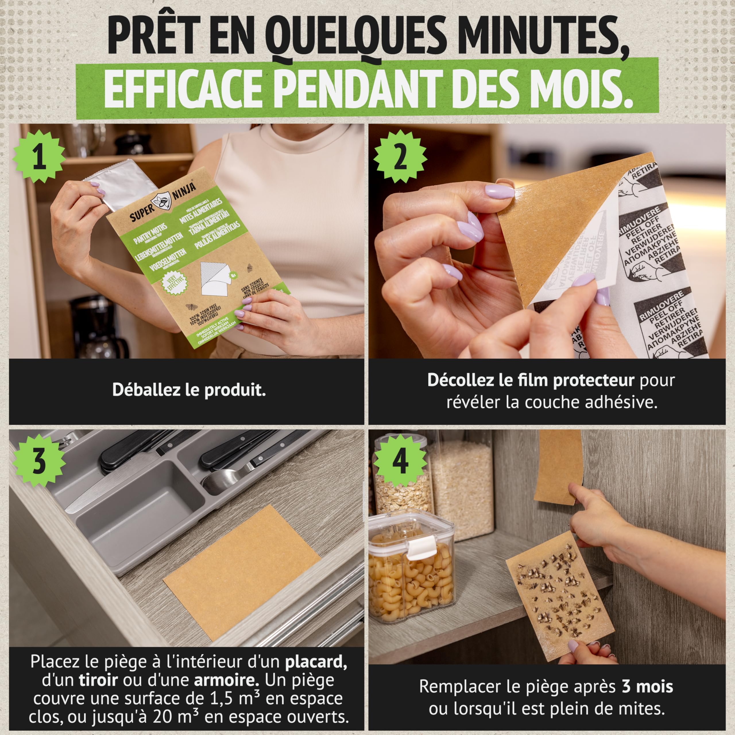 Super Ninja Anti Mites Alimentaires Pack de 4 Pièges avec Phéromone Attractif Cuisine Placards Protection 3 Mois