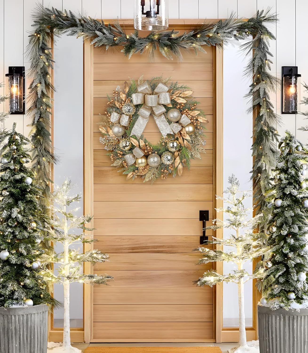 24 inch Gold Christmas Door Wreath with Bow, Pine Wreaths for Front Door with Golden Ball Leaf Stems Pinecones Berries for Fireplace Xmas Decorations, Wall Window Indoor Outdoor Decor Gold-24in #3