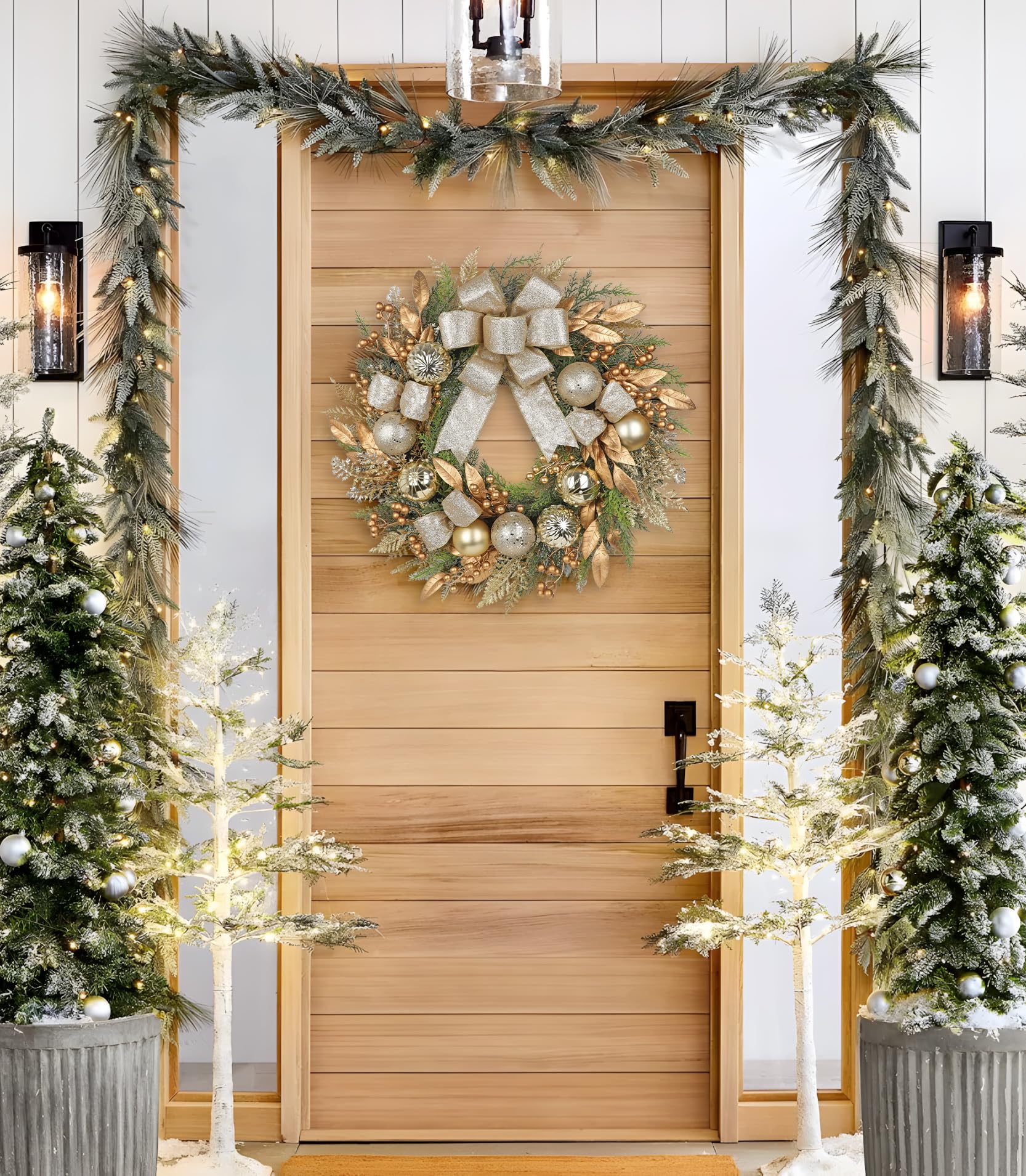 Arbrous Coronas de Puerta de Navidad Exterior 24" Corona de Navidad Grande Dorada con Lazo de Seda Bolas Bayas Hojas Coronas de Navidad para Puerta Principal Corona Artificial de Invierno para Pared