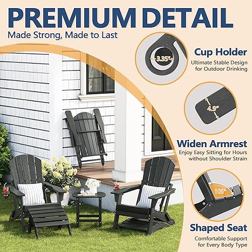 Miniatura 7 de Juego de 2 sillas plegables Adirondack con soporte para tazas, de plástico HDPE resistente a todo tipo de clima, sillas de patio al aire libre,