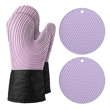 Seatheway Oven Mitts and Pot Holders Sets:Heat Resistant Silicone Oven Mittens with 2 Hot Pads Potholders for Kitchen Baking Cooking (Purple)