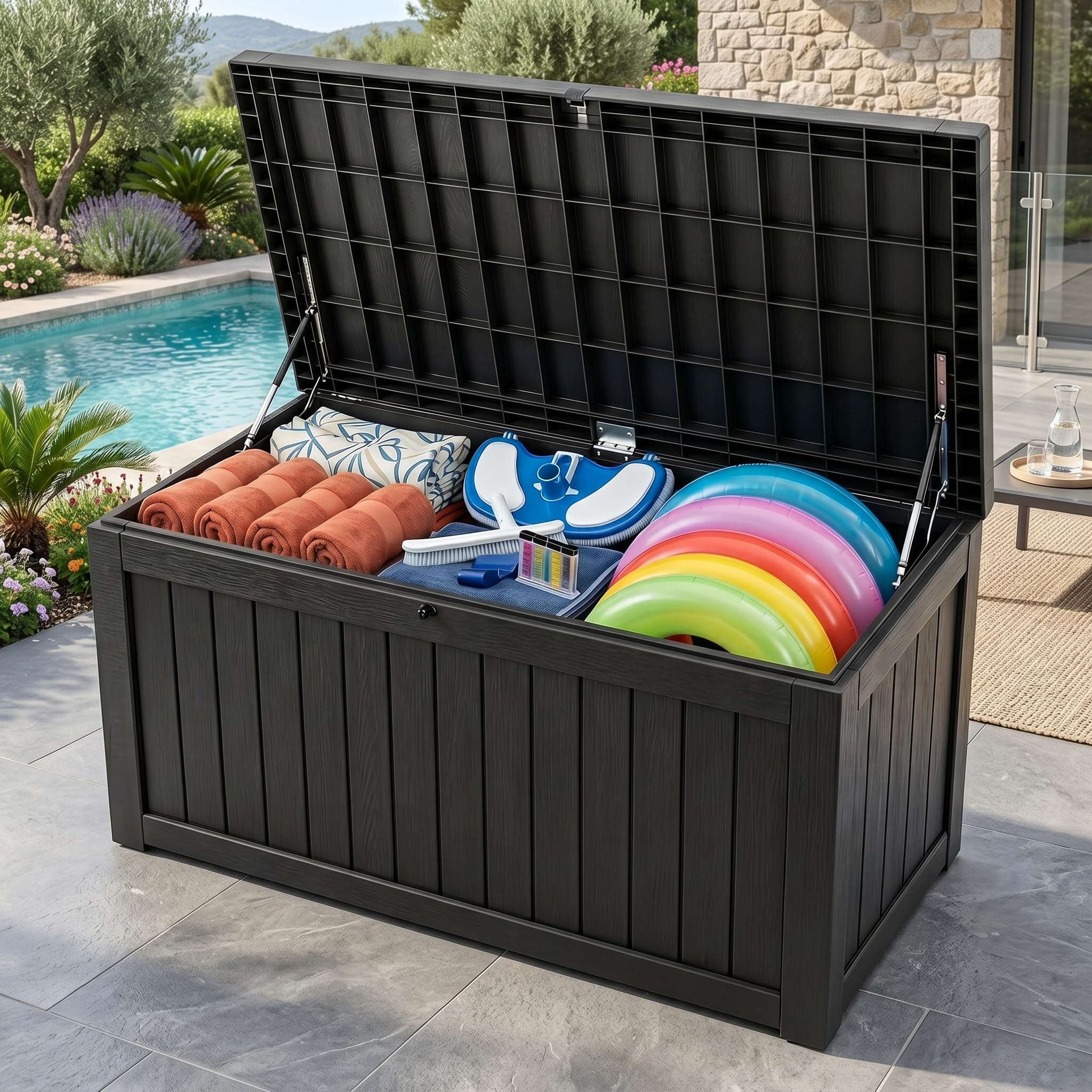 Large 258 Gallon Resin Deck Box, Heavy Duty Lockable Patio Storage Box Outdoor, Waterproof Tool Box for Garden Furniture Cushions &amp; Pool Supplies, Wood Grain Outdoor Storage Bench for Backyard