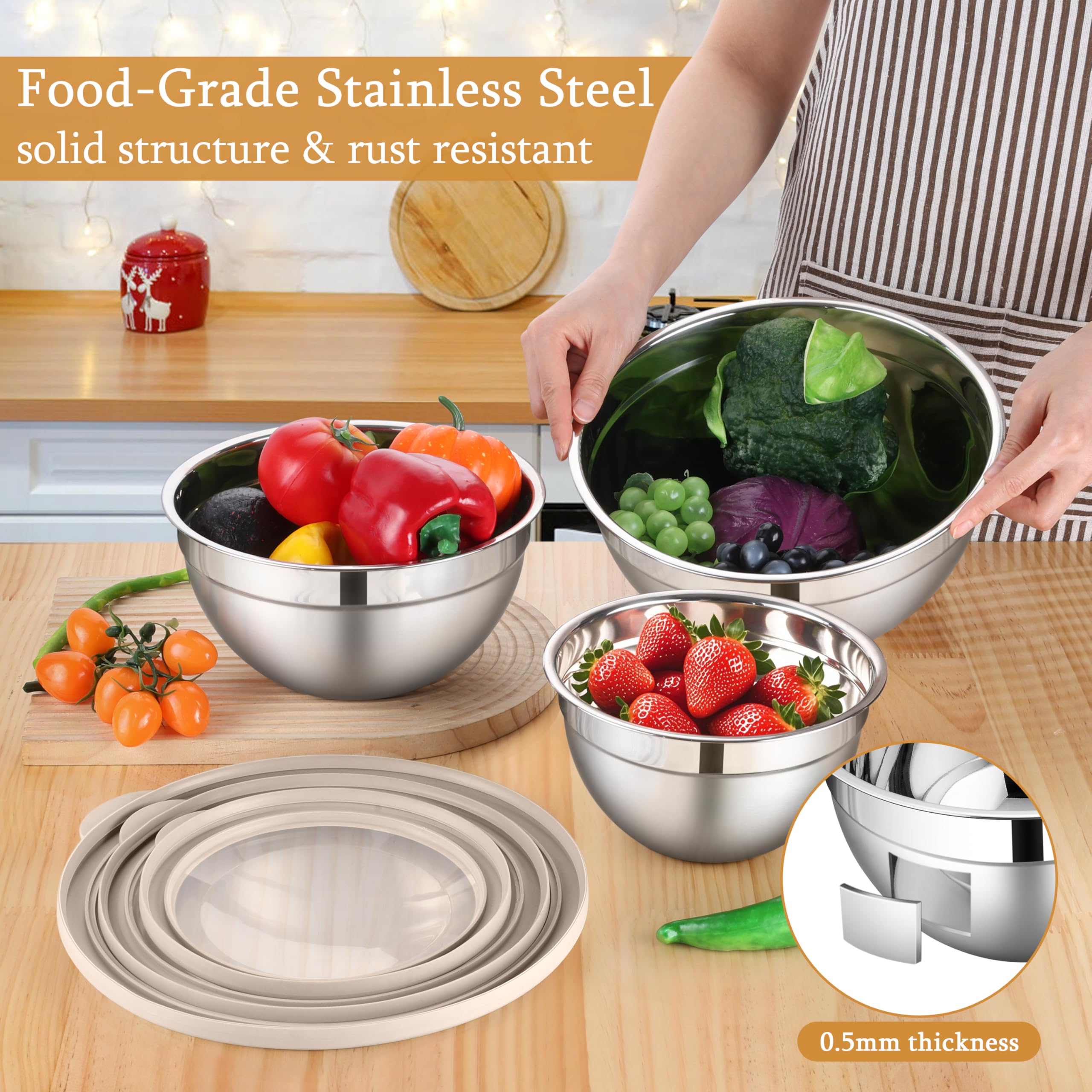 LIANYU Rührschüsseln mit sichtbaren, luftdichten Deckeln, 3-teiliges Edelstahl-Küchenschüssel-Set, 4,6 & 2,6 & 1,5 QT, ideal zum Mischen, Backen, Servieren, spülmaschinen- und gefriergeeignet, Khaki