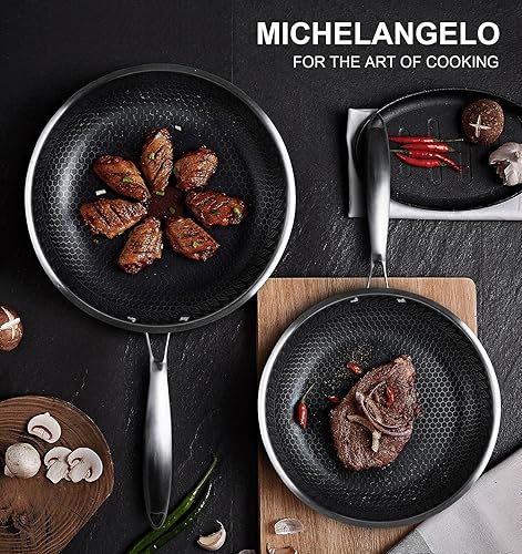 Miniatura 7 de MICHELNAGELO - Juego de sartenes antiadherentes, sartén de acero inoxidable con tapa, sartenes de acero inoxidable de 10 y 12 pulgadas con