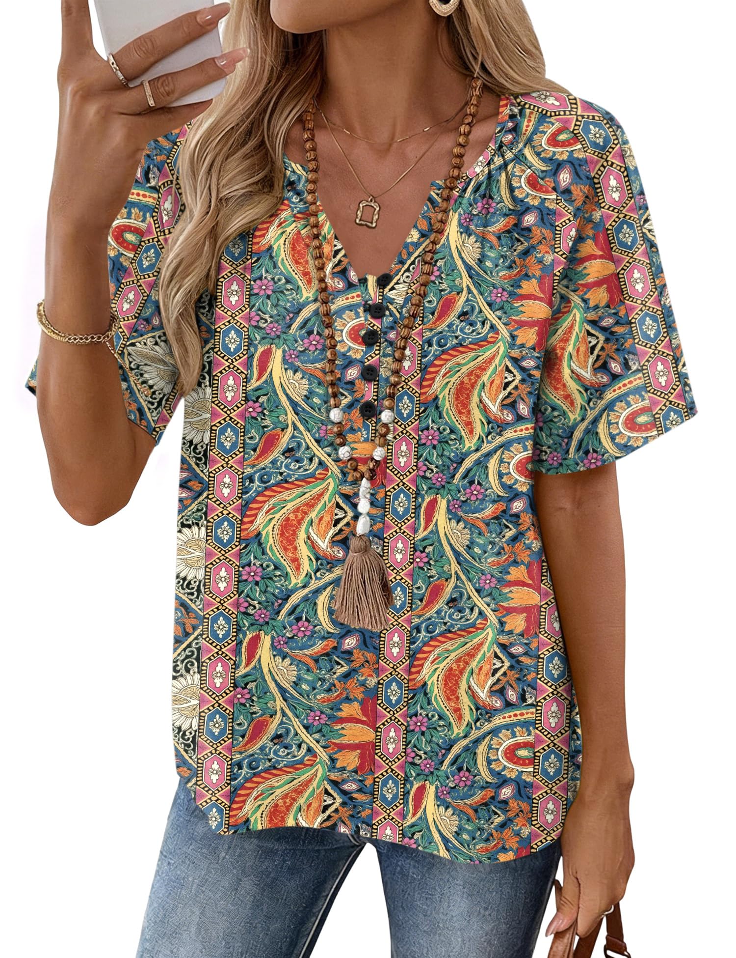 Rapbin Womens Summer Boho Tops Casual Short Sleeve Blouses Button Down Shirts 2026 Beach Vacation Clothes — view 15