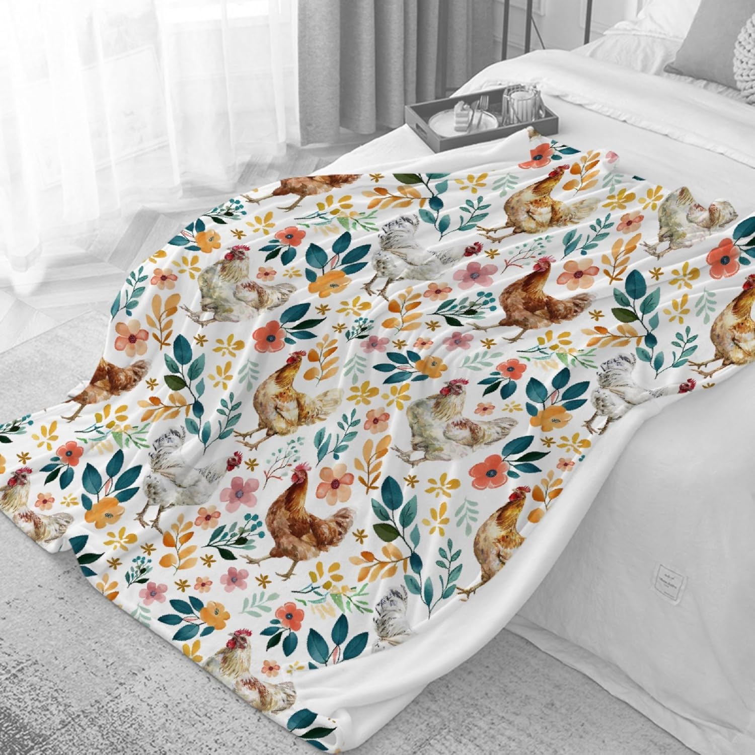 Chicken Blanket for Farmer Lover, Floral Chicken Gifts for Women, Ultra-Soft Rooster Hen Throw Blanket for Couch Bed Living Room, Farmhouse Decor Farm Chicken Lovers Gifts, 40"x50"-Kids/Throw Size - Image 6