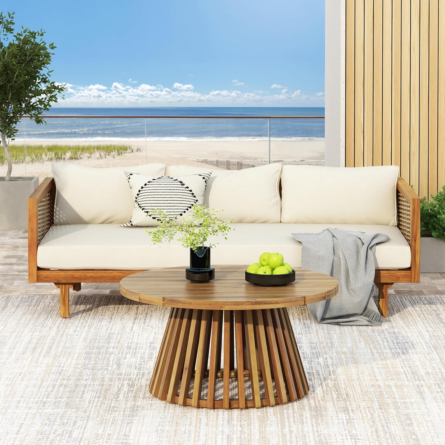Merax Outdoor Acacia Wood Conversation Set, 3-Seat Loveseat Sofa w/Coushion and Round Coffee Table for Backyard, Patio Furniture, Teak+Beige