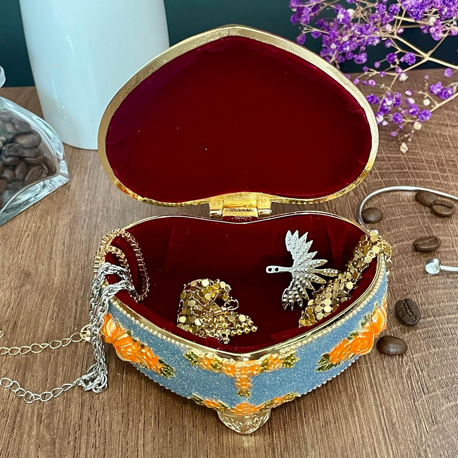 Heart Shape Jewelry Box,Rose Relief Metal Jewelry Chest,Necklace Earrings Ring Storage Case for Women (Golden Starlight Blue-purple, Medium)