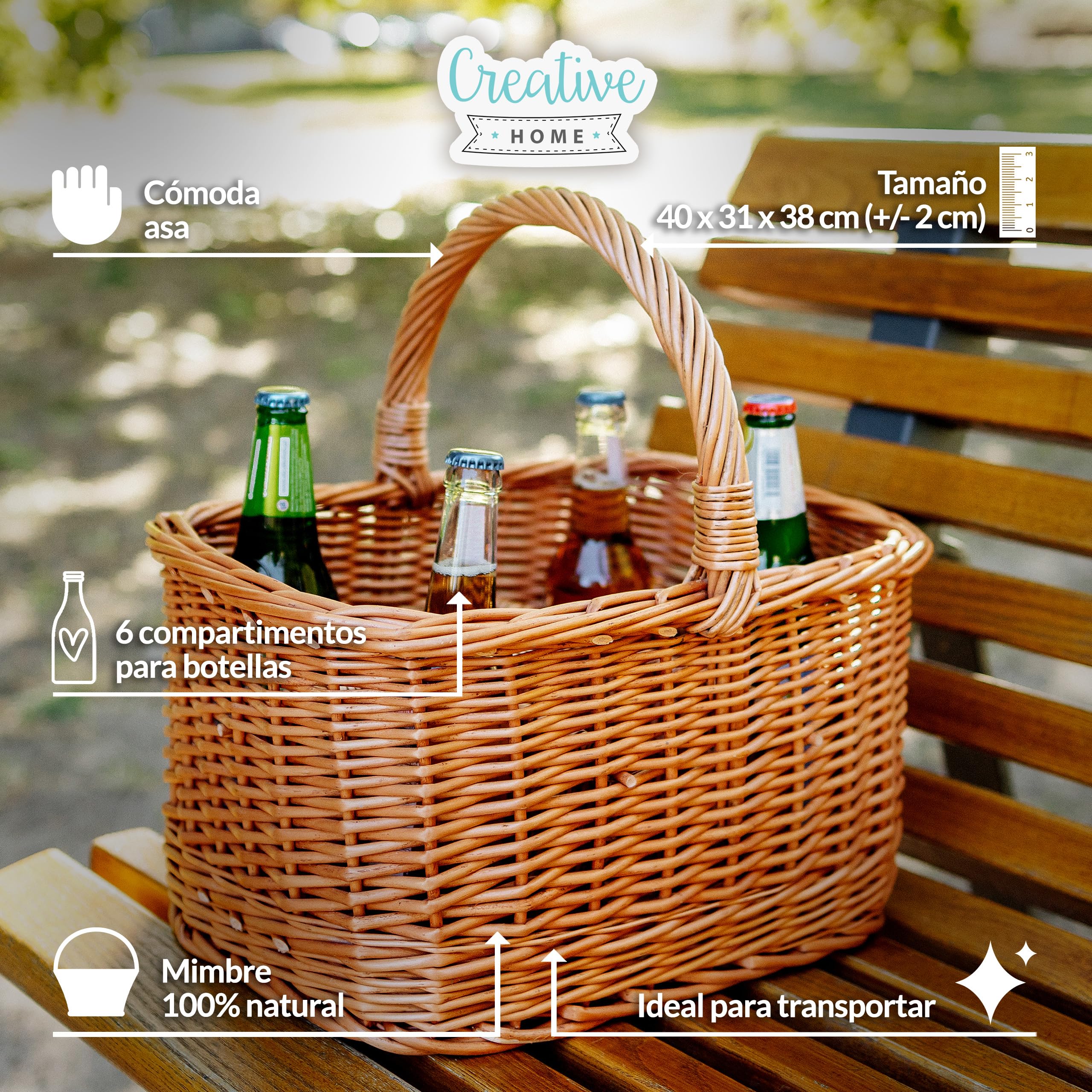 Creative Home Cesta de Mimbre para Botellas con Asa | 6 Compartimentos