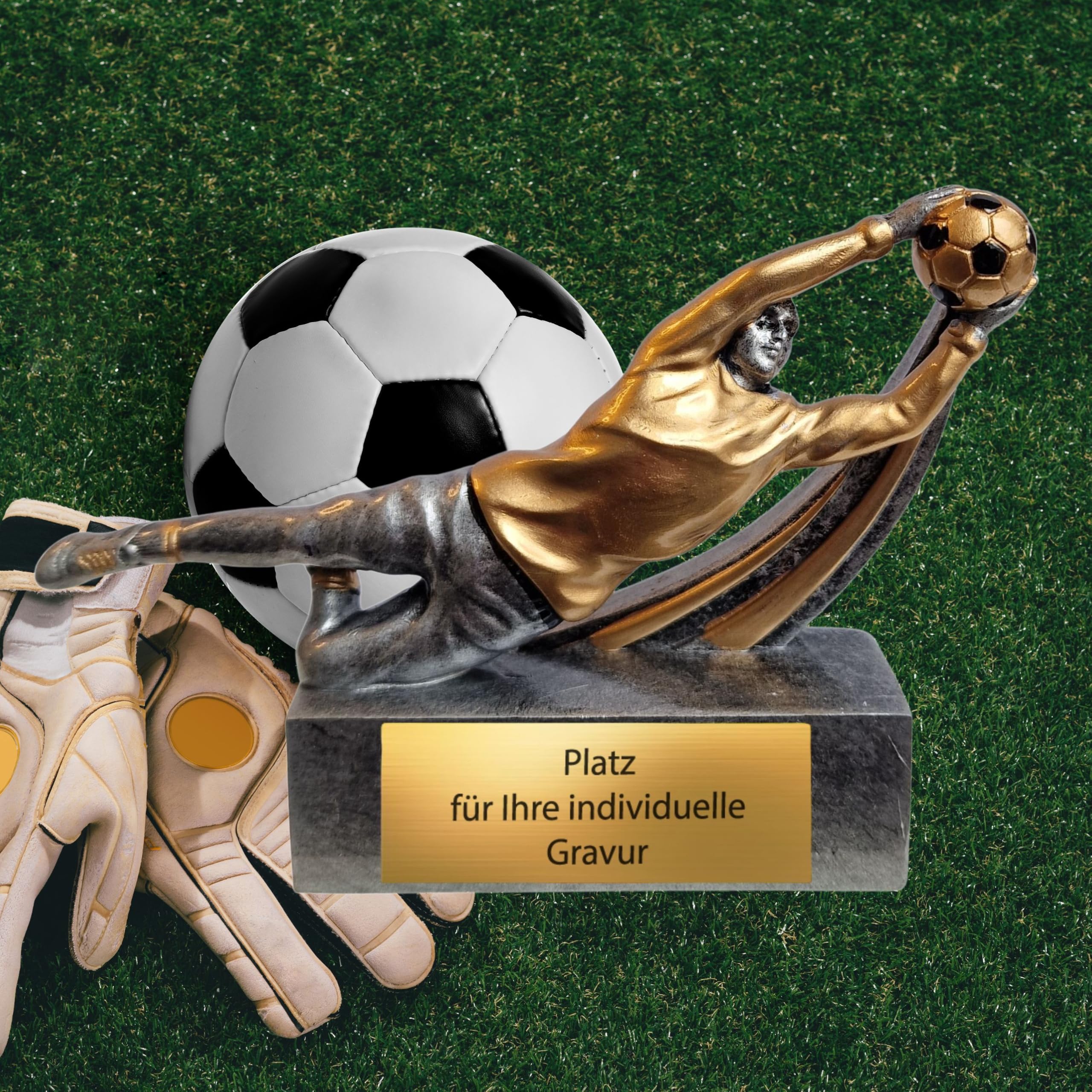Fußballtorwart Pokal 8 cm aus Resin – dynamische Keeper Figur auf Sockel – kompakte Trophäe mit Gravurschild – hochwertiger Award für Vereine Jugendturniere Trainingspreise & Siegerehrungen