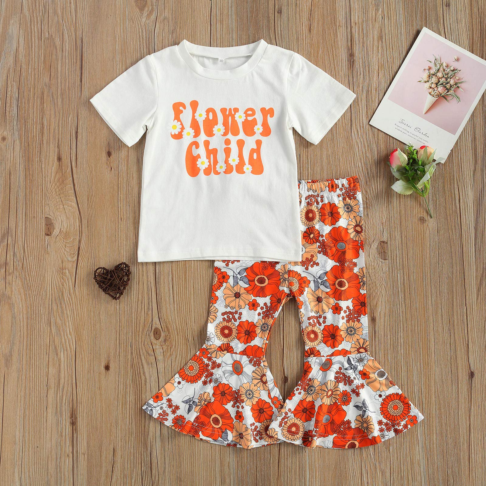 Toddler Baby Girl Birthday Outfit Two Groovy Letter Shirt Sunflower Bell Bottoms Flare Pants Headband Boho Clothes Set (Orange White, 4-5 Years)
