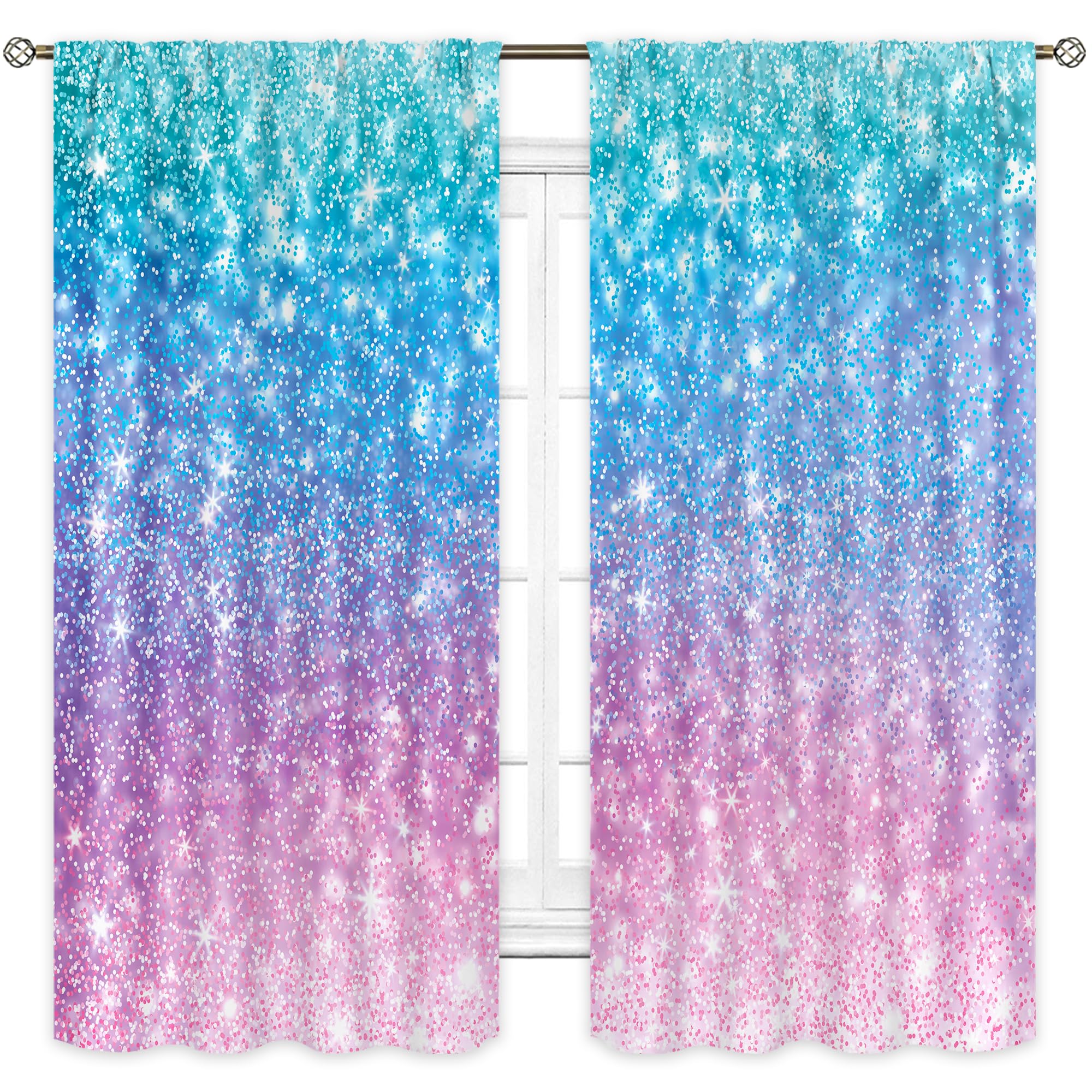Cinbloo Girly Blue Purple Teal Curtains 42W x 63L Inch Rod Pocket Not Glitter Colorful Pink Spot Girls Bedroom Decor Ombre Turquoise Dots Mermaid Princess Living Room Window Drapes Fabric 2 Panel