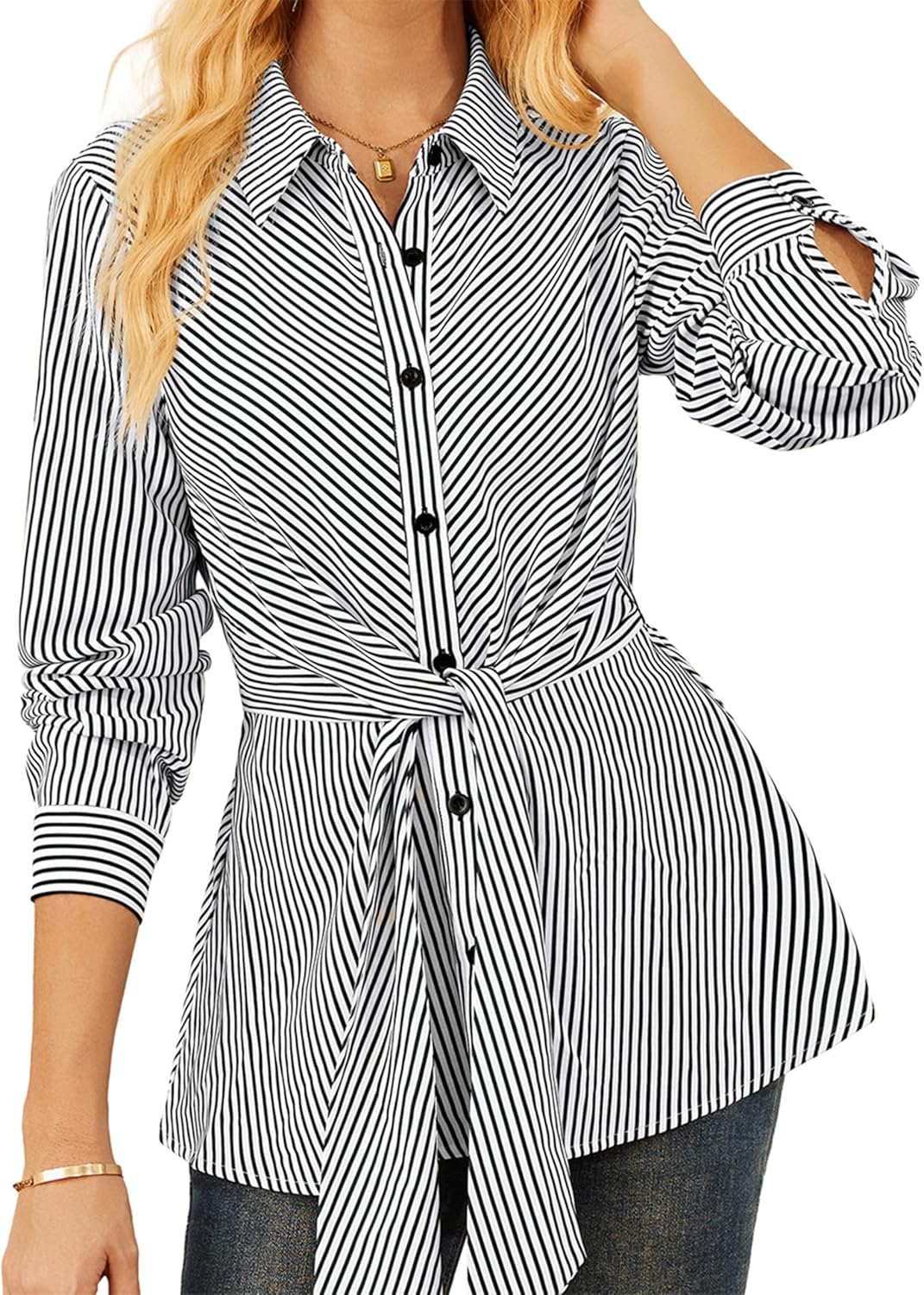 GRACE KARIN Peplum Tops for Women Tie Front Striped Button Down Shirt Collared Long Sleeve Business Casual Work Office Blouse