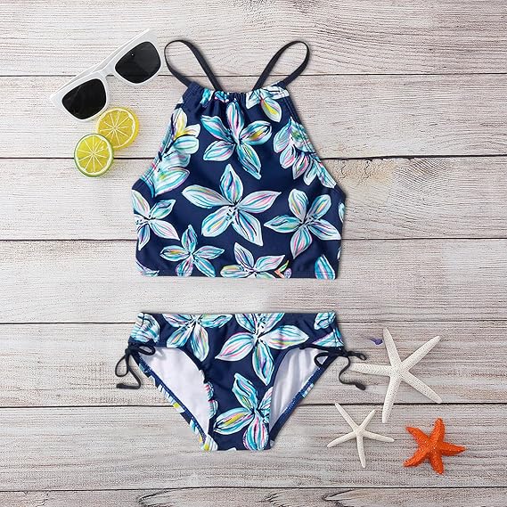 Costume Da Bagno Bikini 3 Pezzi A Sirena - Floreale, Con Gonna, Per Bambine 5-12 Anni - Foto 3