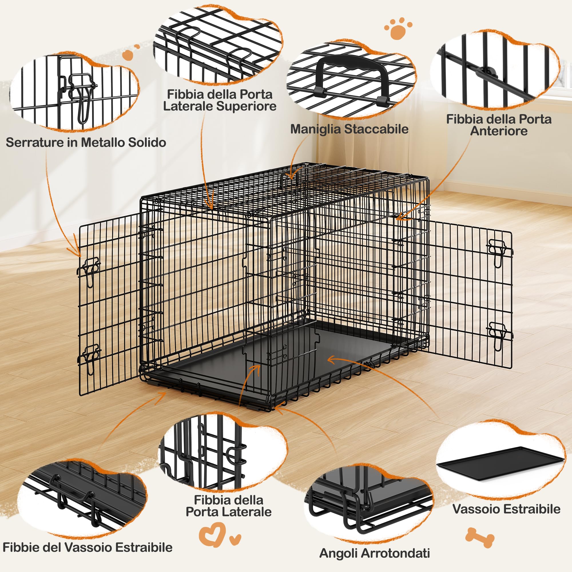 Yaheetech Gabbia per Cani Gatti Kennel in Metallo Cuccioli Pieghevole con Vassoio Rimovibile Doppia Porta e Divisorio Regolabile 122,5 × 73 × 80 cm Nero