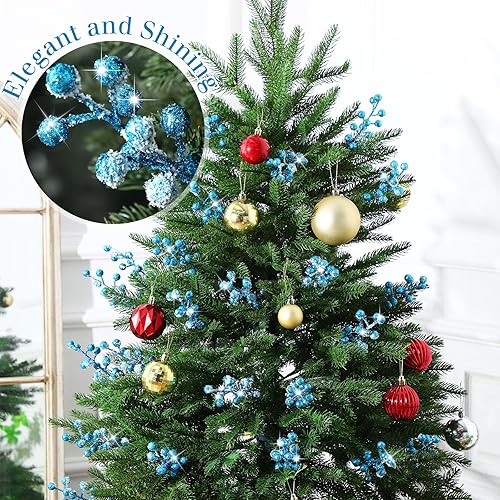 Miniatura 10 de 50 púas artificiales de tallo de bayas de acebo con copos de nieve esmerilados de ramas de árbol de Navidad, adornos de ramas de bayas nevadas para