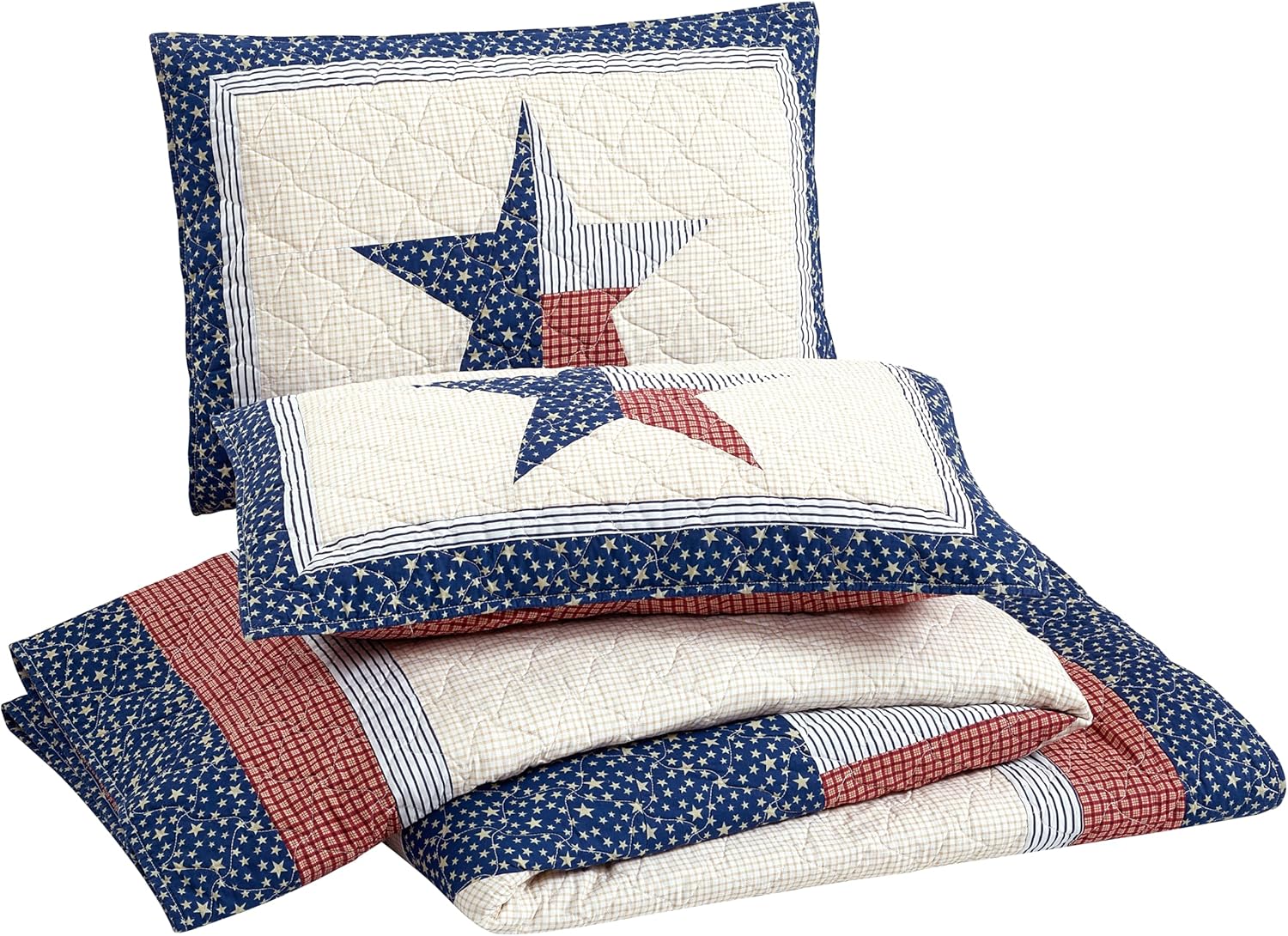Lone Star 3-Piece 100% Cotton Quilt and Pillow Sham Set, Americana Vintage-Inspired Coverlet Quilt Set - Full Queen Size, Red/Blue/Cream