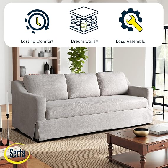 Serta Hawthorne 90.6 Slipcovered Queen-Size Convertible Pop-up Sofa, Dreamcoil Comfort, Woven Polyester Blend Fabric, Linen