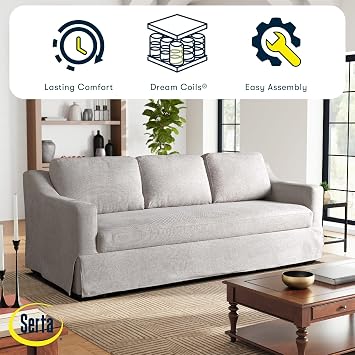 Serta Hawthorne 90.6 Slipcovered Queen-Size Convertible Pop-up Sofa, Dreamcoil Comfort, Woven Polyester Blend Fabric, Linen