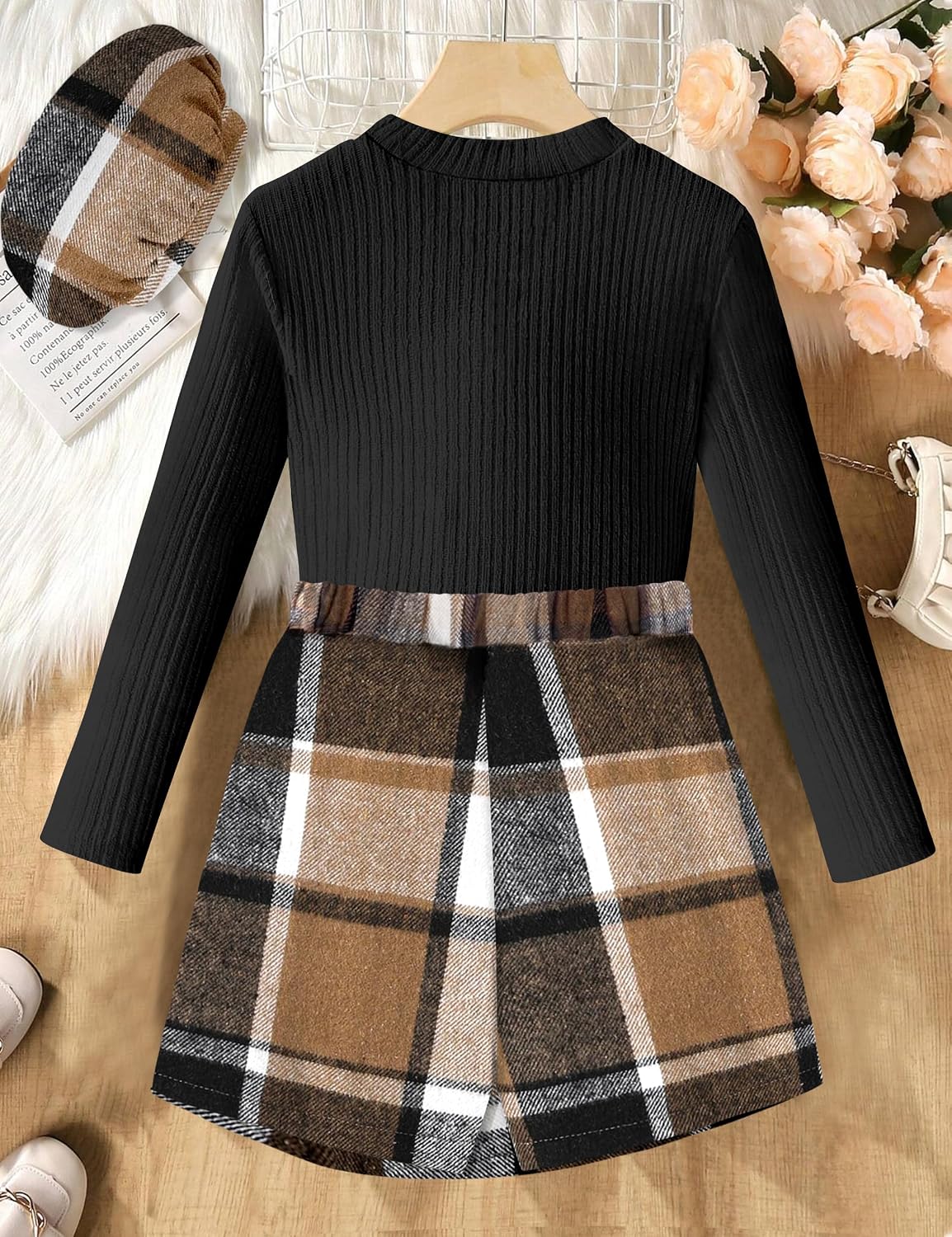 DONWEN Girl Skirt Sets 3 Piece Outfits Crew Neck Ribbed Tops Plaid Mini Skirt Shorts with Bowtie + Beret Fall Winter Clothes
