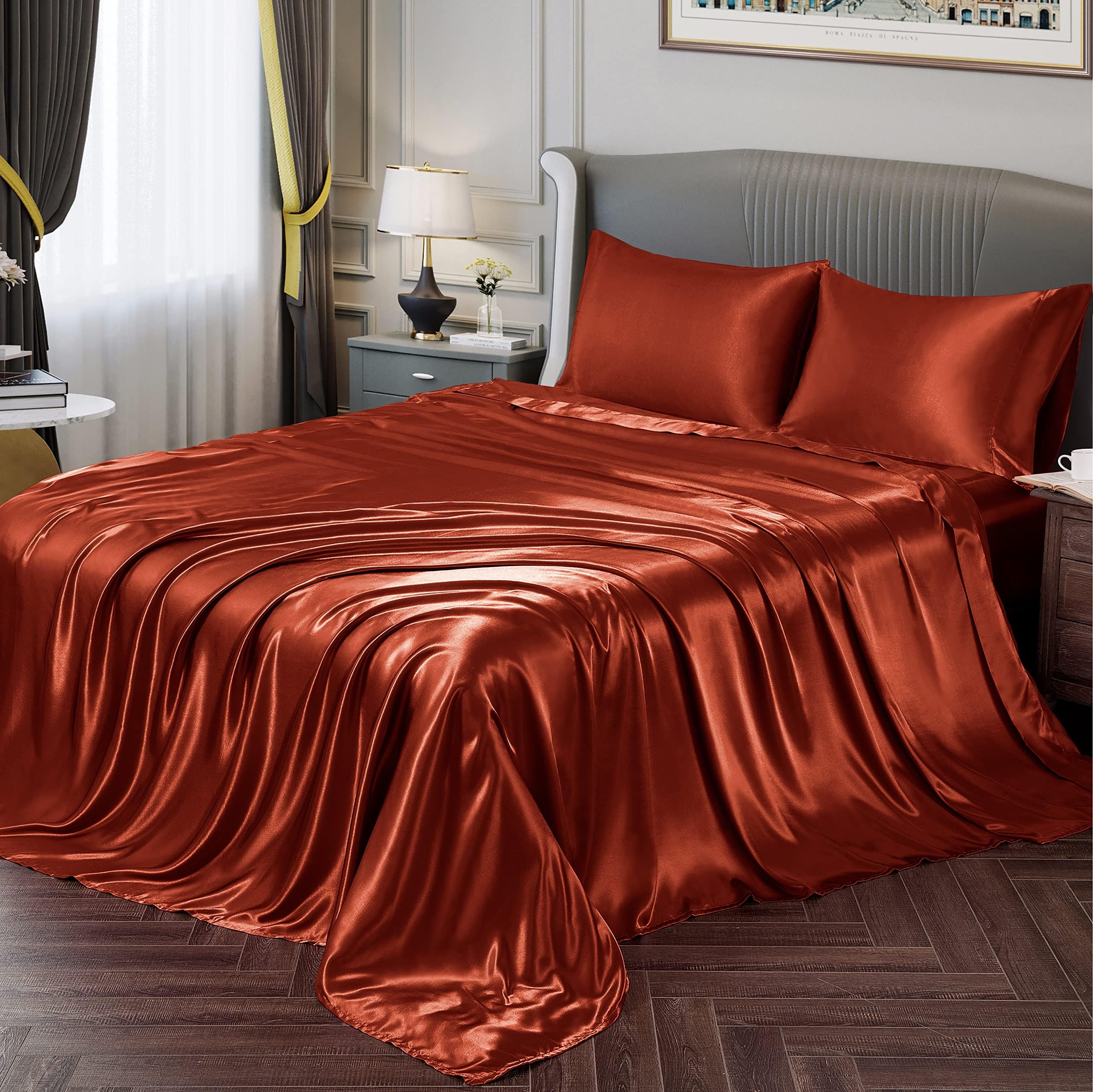 Vonty Satin Sheets King Silky Soft Satin Bed Sheets Rust Orange Satin Sheet Set, 1 Deep Pocket Fitted Sheet + 1 Flat Sheet + 2 Pillowcases