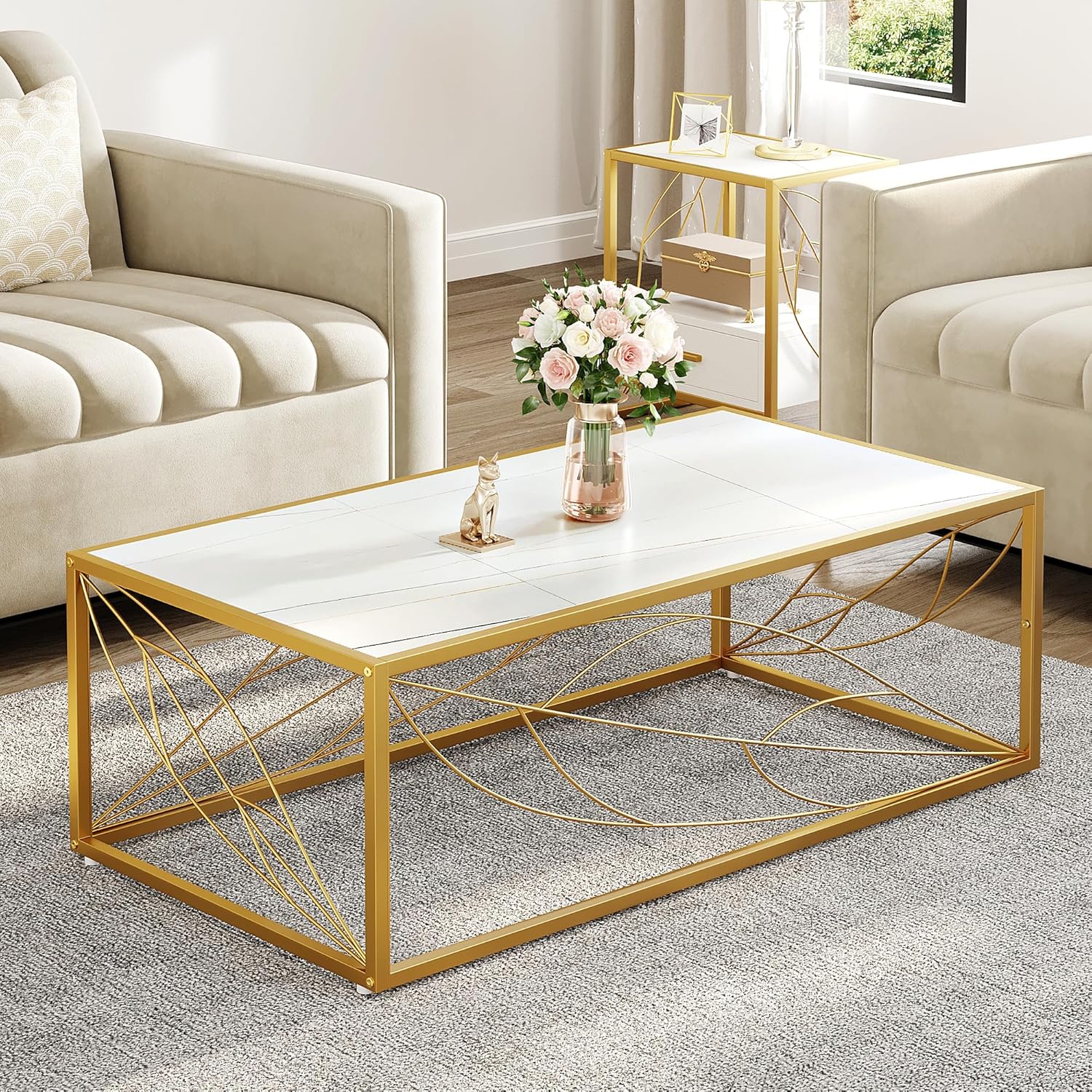 YITAHOME Coffee Table, Leaf Design Coffee Tables, Minimalist Modern Style, Metal Frame