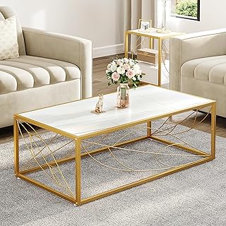 YITAHOME Coffee Table, Gorgeous Leaf Design Coffee Tables, Minimalist Modern Style, Metal Frame Marble Table Top White Coffee Table,120x60x40cm, Center tables for Living Room