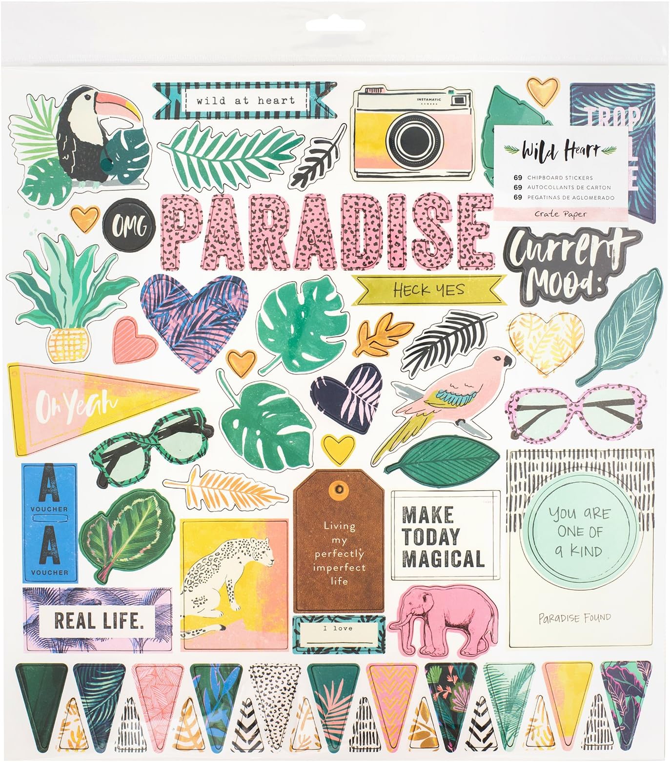 Crate Paper 69 Piece Wild Heart Chipboard Stickers, Multicolor