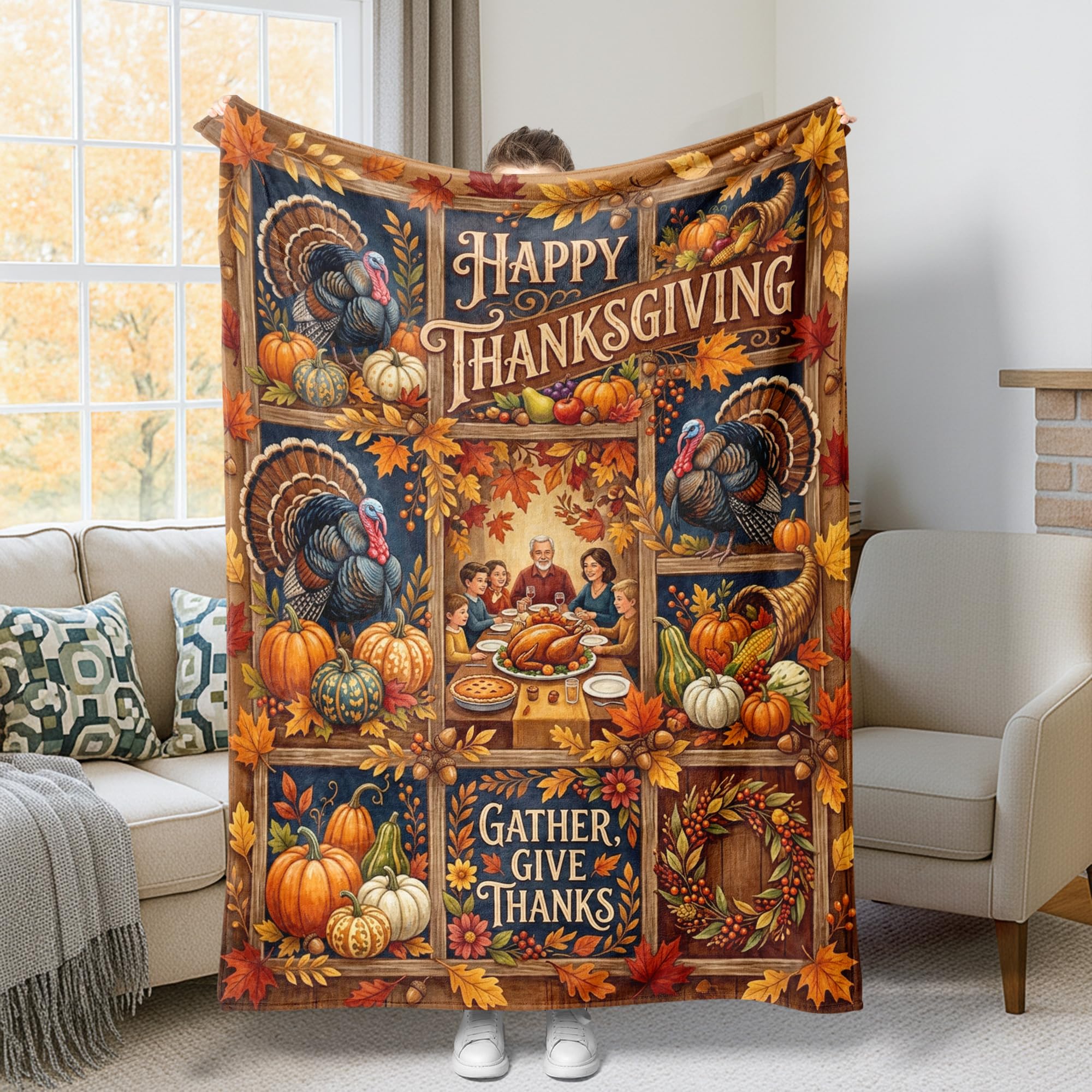 Couverture turquie rustique plaid décoratif de citrouilles pour cocooning sur canapé et lit