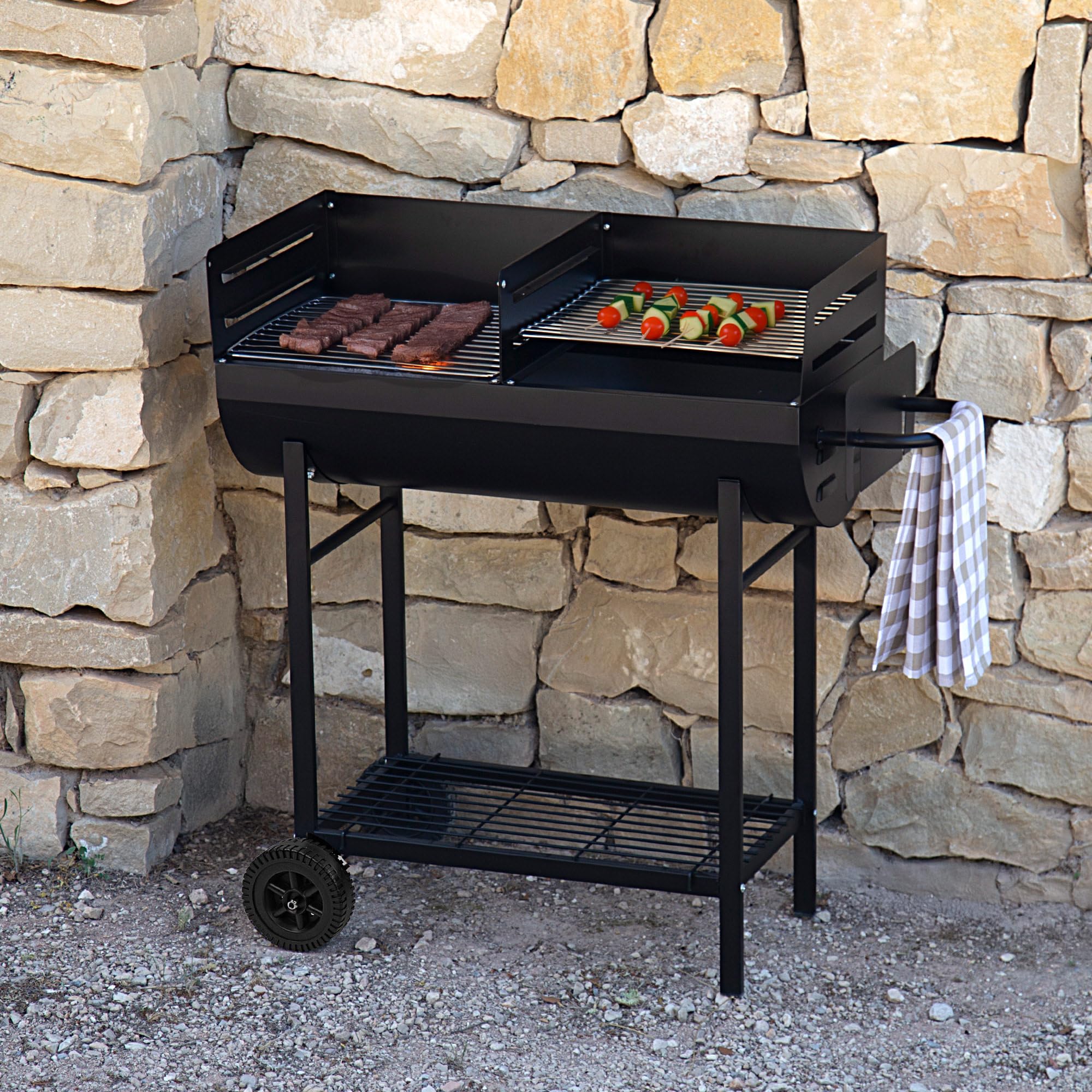 Aktive 52809 - Barbecue a carbonella e legna | Altezza regolabile | Misure 97x42x96 cm | Doppia griglia in acciaio e cassetto cenere estraibile | 2 ruote per un facile trasporto