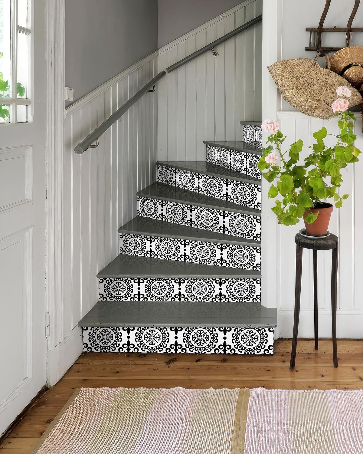 FLFK Decorative Stair Riser Decals, Classical Black and White Damask Pattern, Self-Adhesive Peel and Stick, 39.3 x 7.08 Inches, Set of 7, Indoor Home Decor