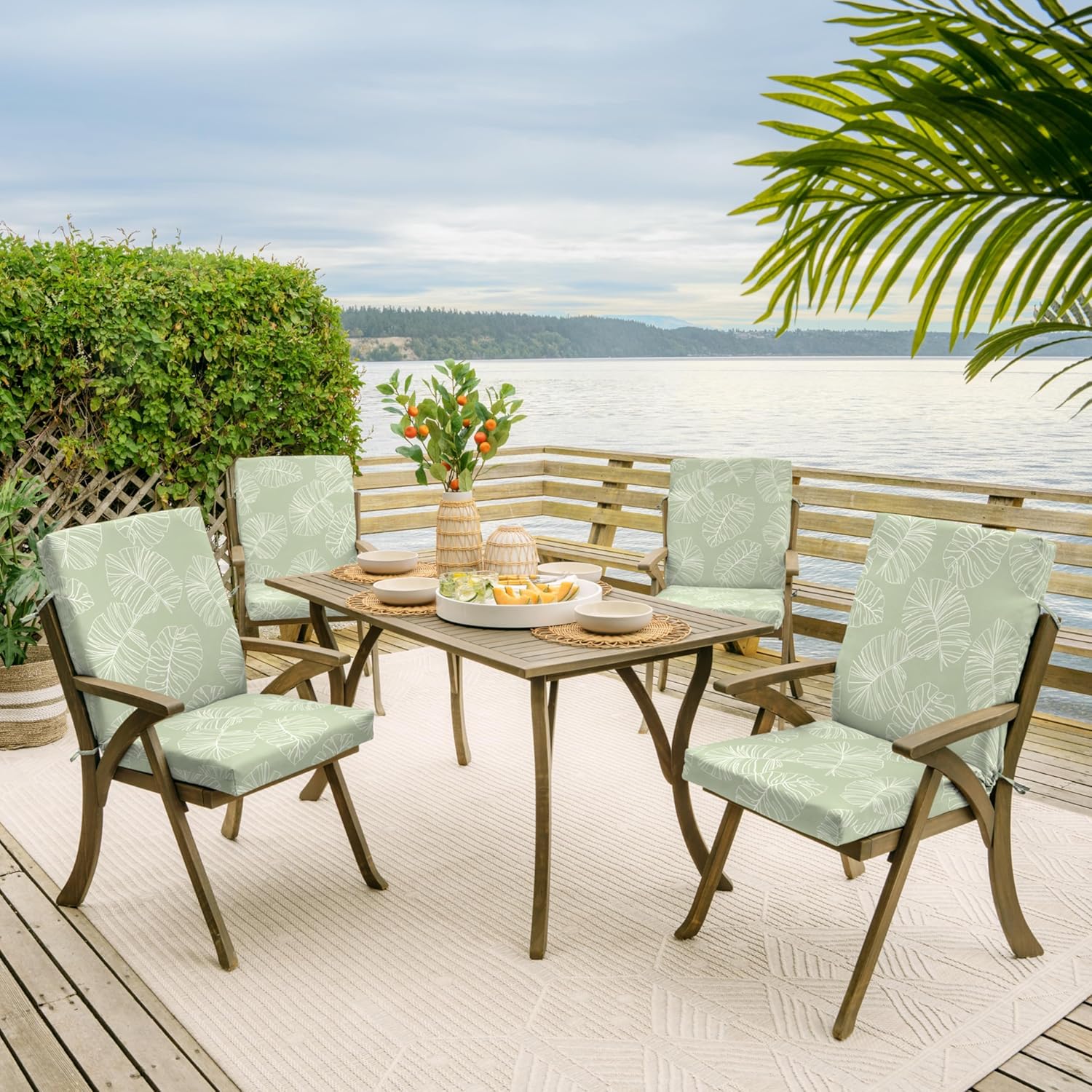 Arden 4-Pack Outdoor Patio Dining Chair Cushion, 20x44, Rain-Proof Seat Pad, Fade-Resistant Outdoor Cushion Coastal Green Leaf