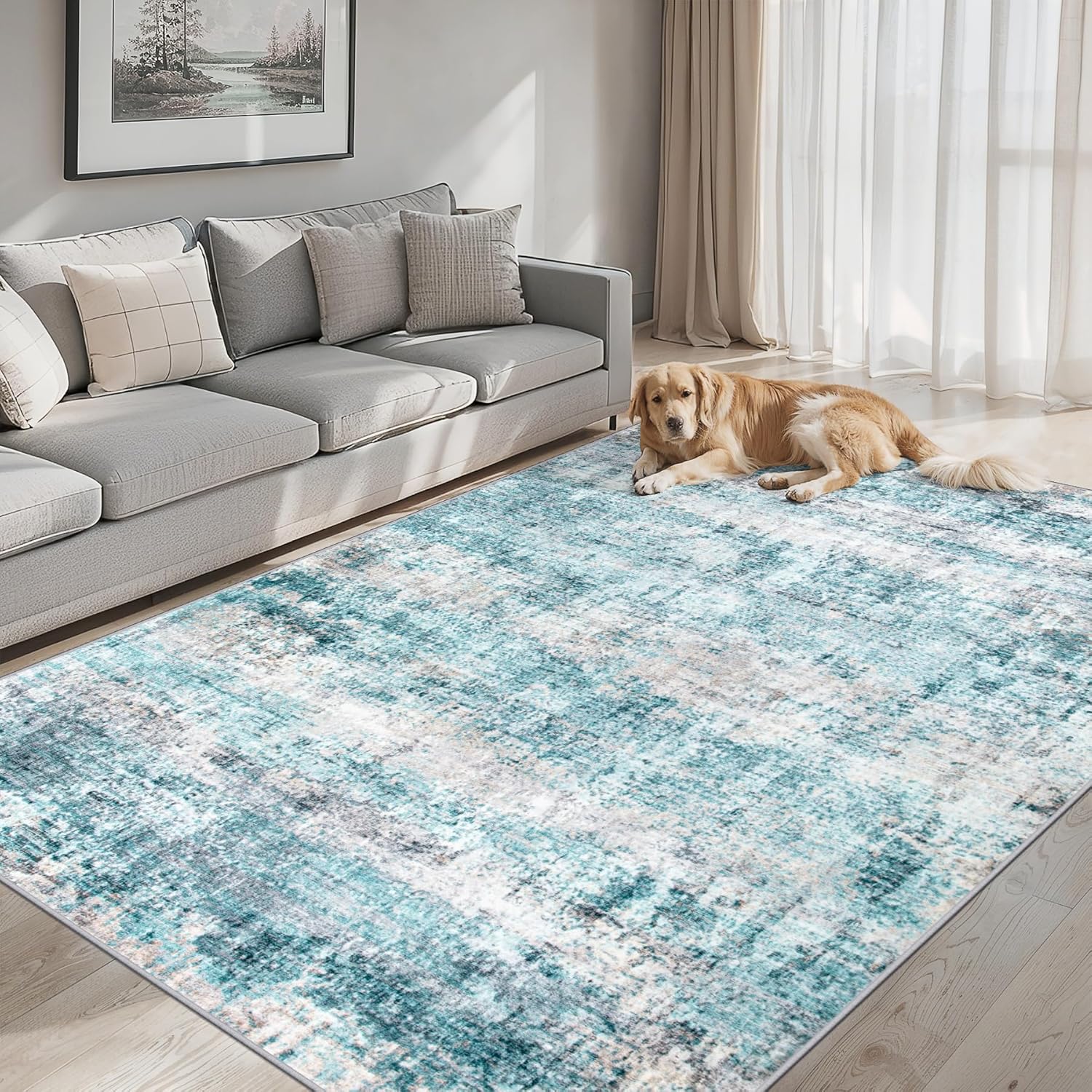 Area Rugs Living Room Rug - 5x7 Washable Modern Abstract Soft Neutral Non-Slip Carpet Large Indoor Floor Thin Carpets for Bedroom Dining Room Farmhouse Nursery Home Office Green - Image 2