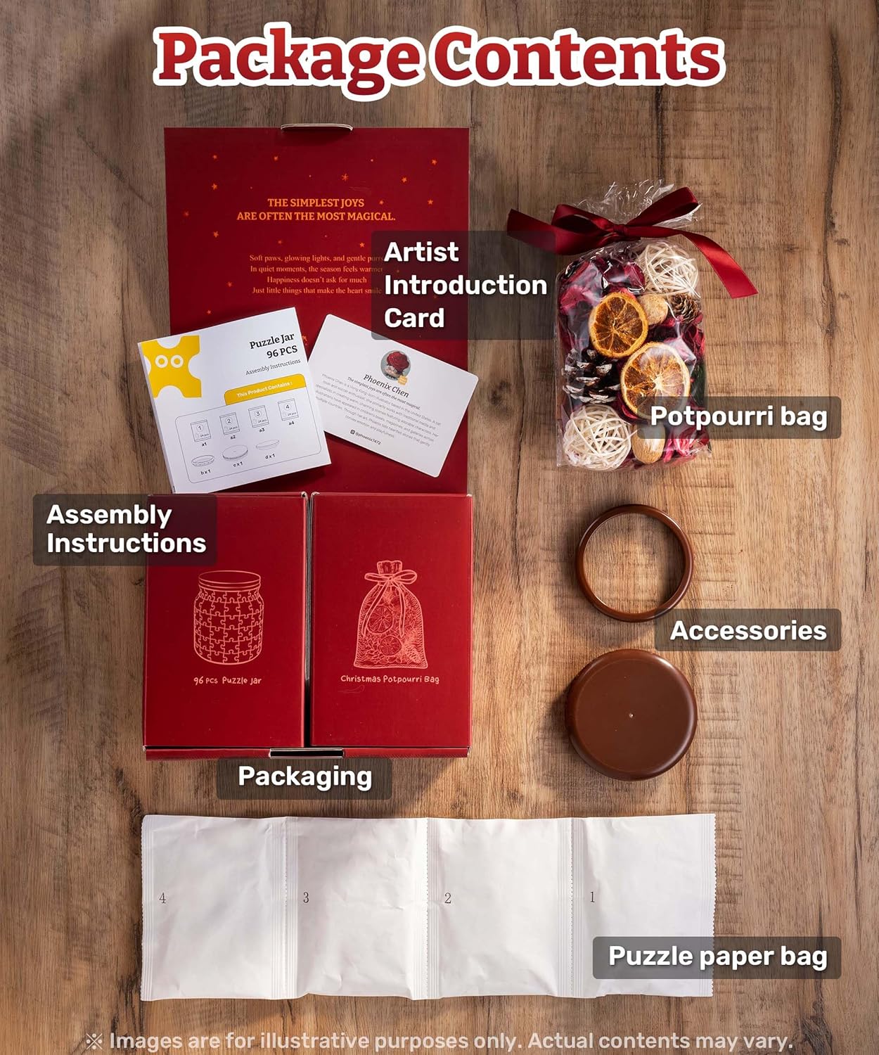 PieceRelax 3D Puzzle Jar 96 Plastic Pieces, Includes Dried Flowers - Phoenix Chan - Purrfect Christmas Party Use Includes Divider as a Pen or Utensil Holder with Wooden Lid [BB1052]