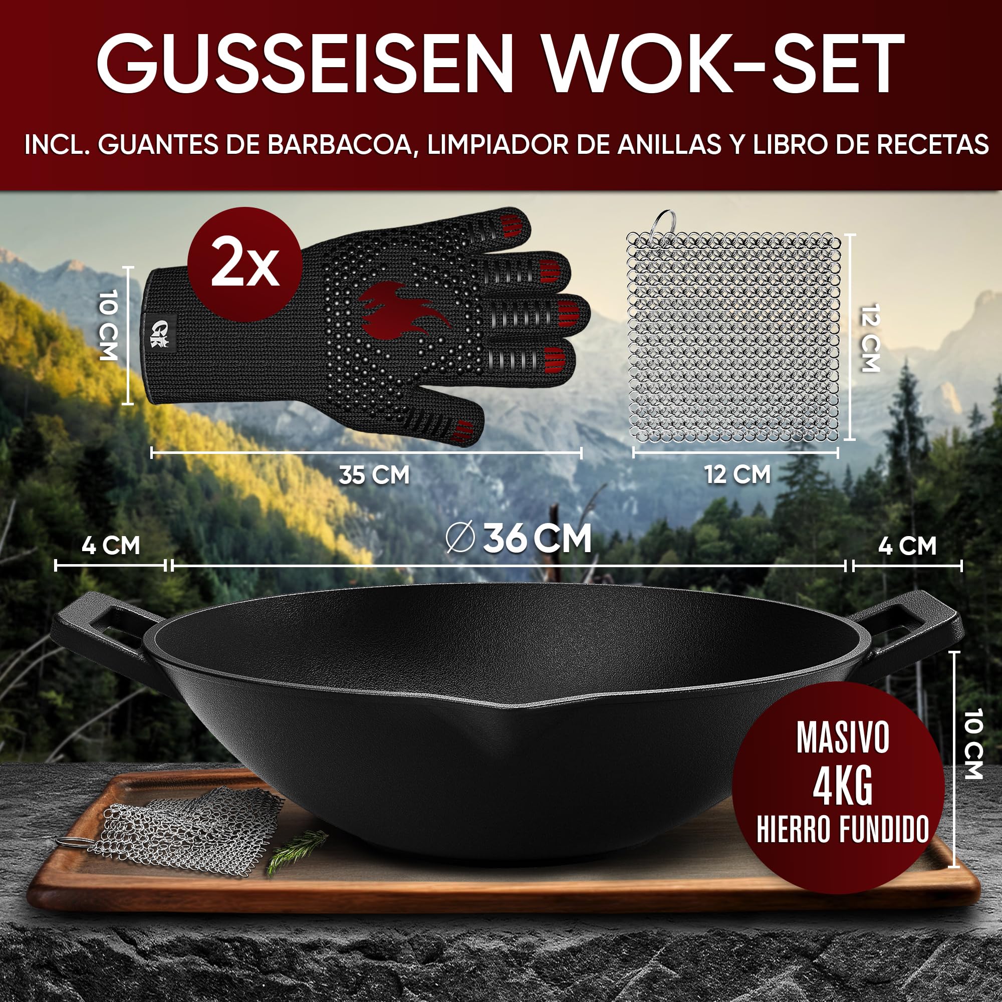 GUSSKÖNIG Wok de Hierro Fundido – sarten wok de 36 cm para Gas, Inducción, Vitrocerámica, Horno y Fogata – Incluye Limpiador de Anillo de Acero, Guantes para Grill y Recetario–Alternativa a Wok Tefal