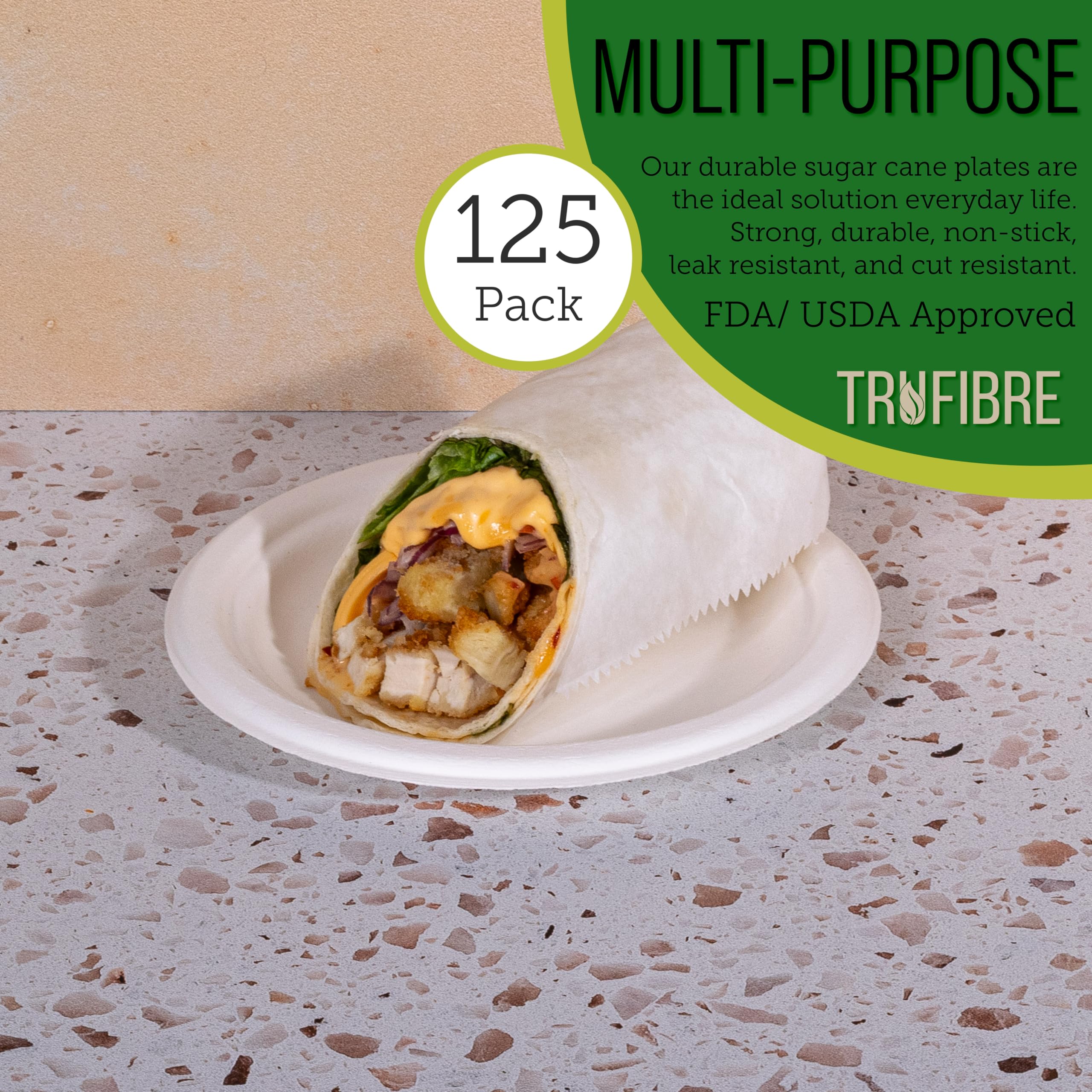 Platos de papel de 7 pulgadas, contenedor de alimentos compostable de bagazo, desechable, apto para microondas para almuerzo, cena, fiesta, suministros, eventos, a granel, paquete de 125