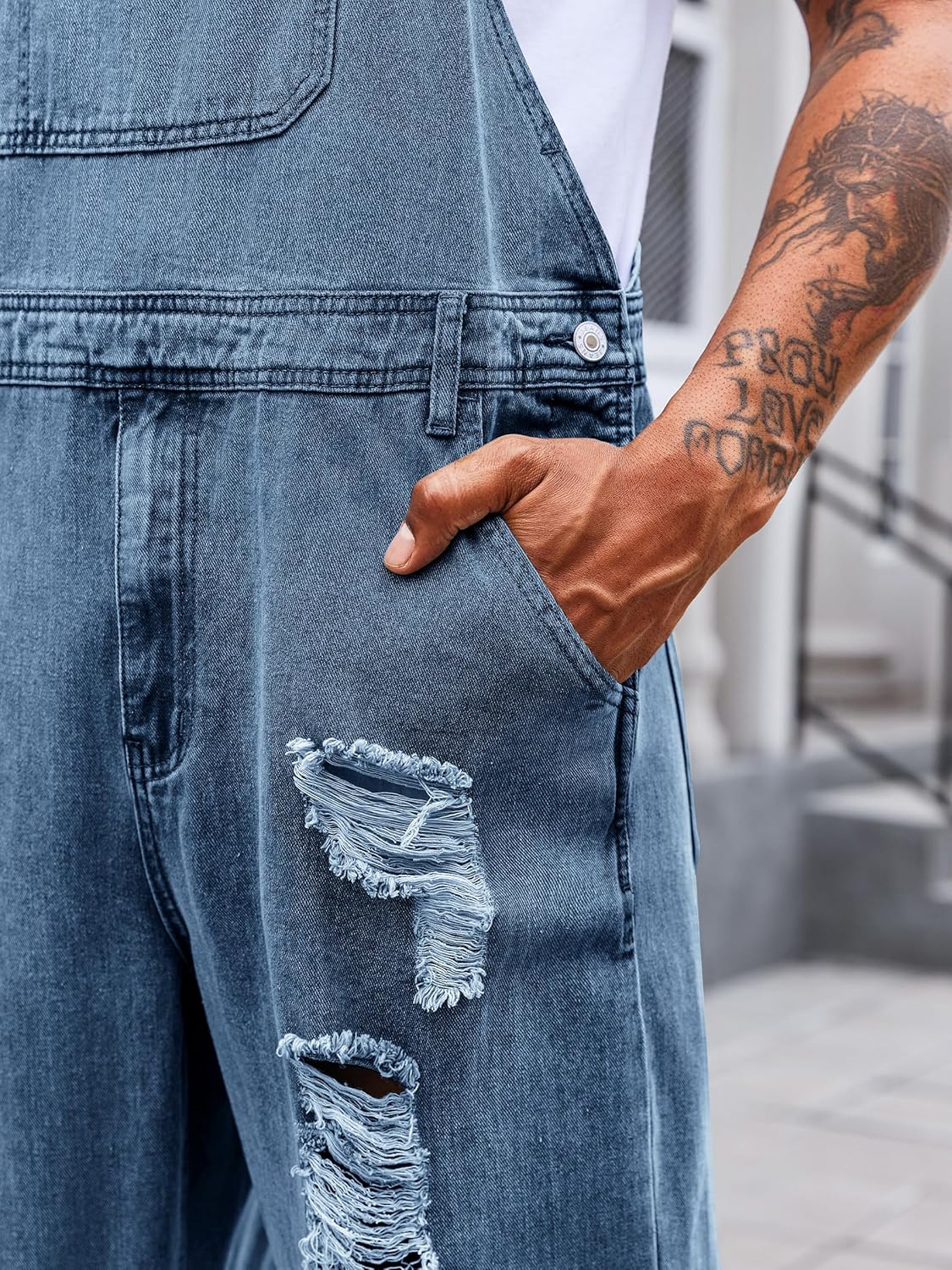 Runcati Men's Denim Bib Overall Jean Romper Trousers Adjustable Strap Workwear Slim Fit Jumpsuit - Image 5