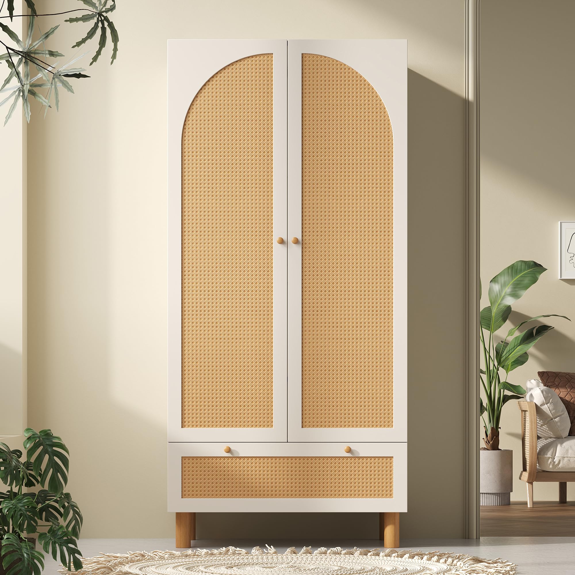 Armadio in rattan, con 2 ante e cassetto grande, regolabile in altezza, per camera da letto, soggiorno, 85,5 x 52 x 180,5 cm, bianco